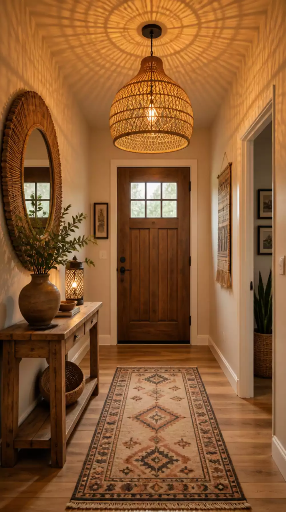 Entryway Rattan Pendant Light That Casts a Warm Amber Pattern on the Ceiling