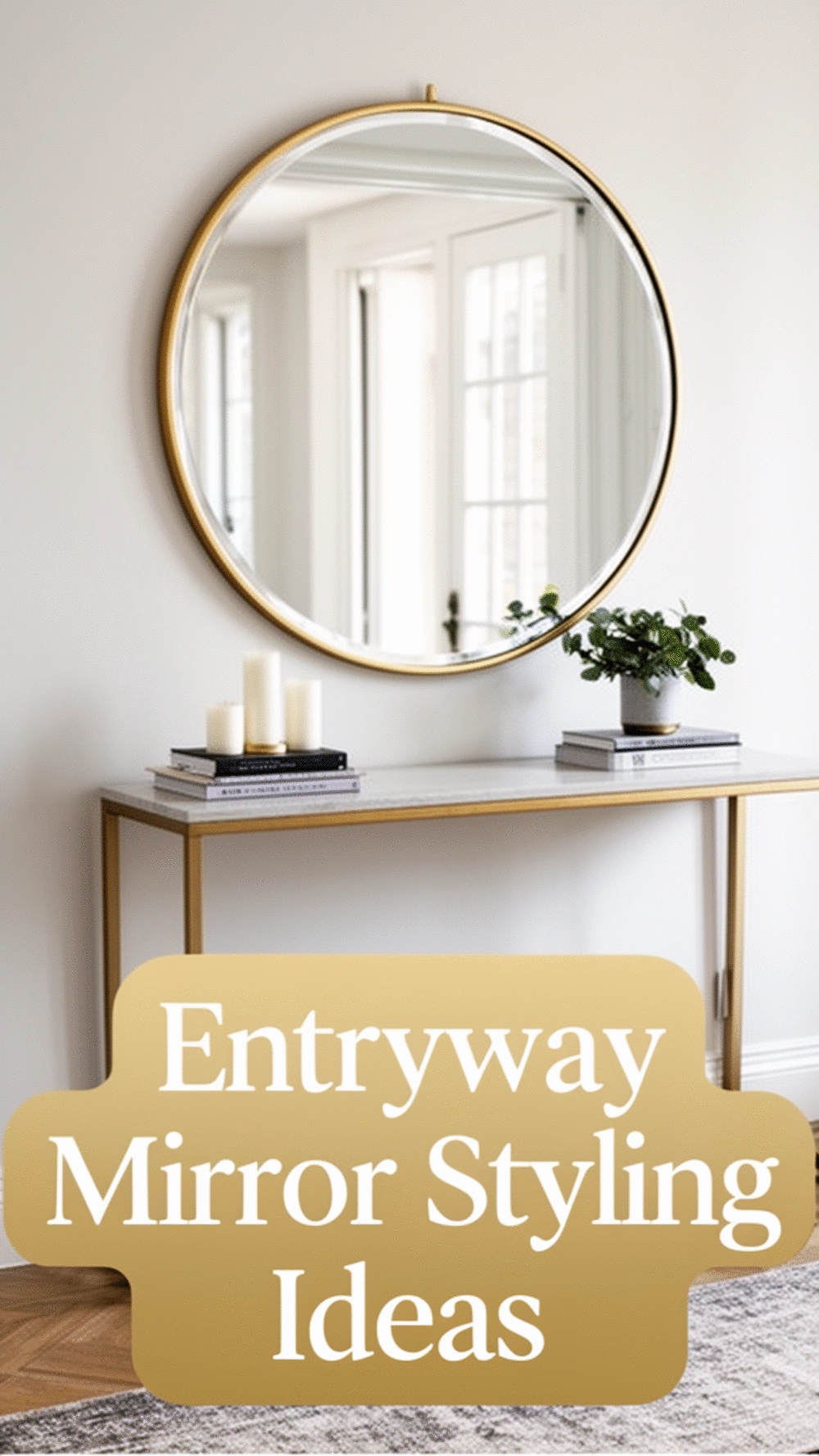 Entryway Console Table Styled with a Large Round Gold-Frame Mirror Above