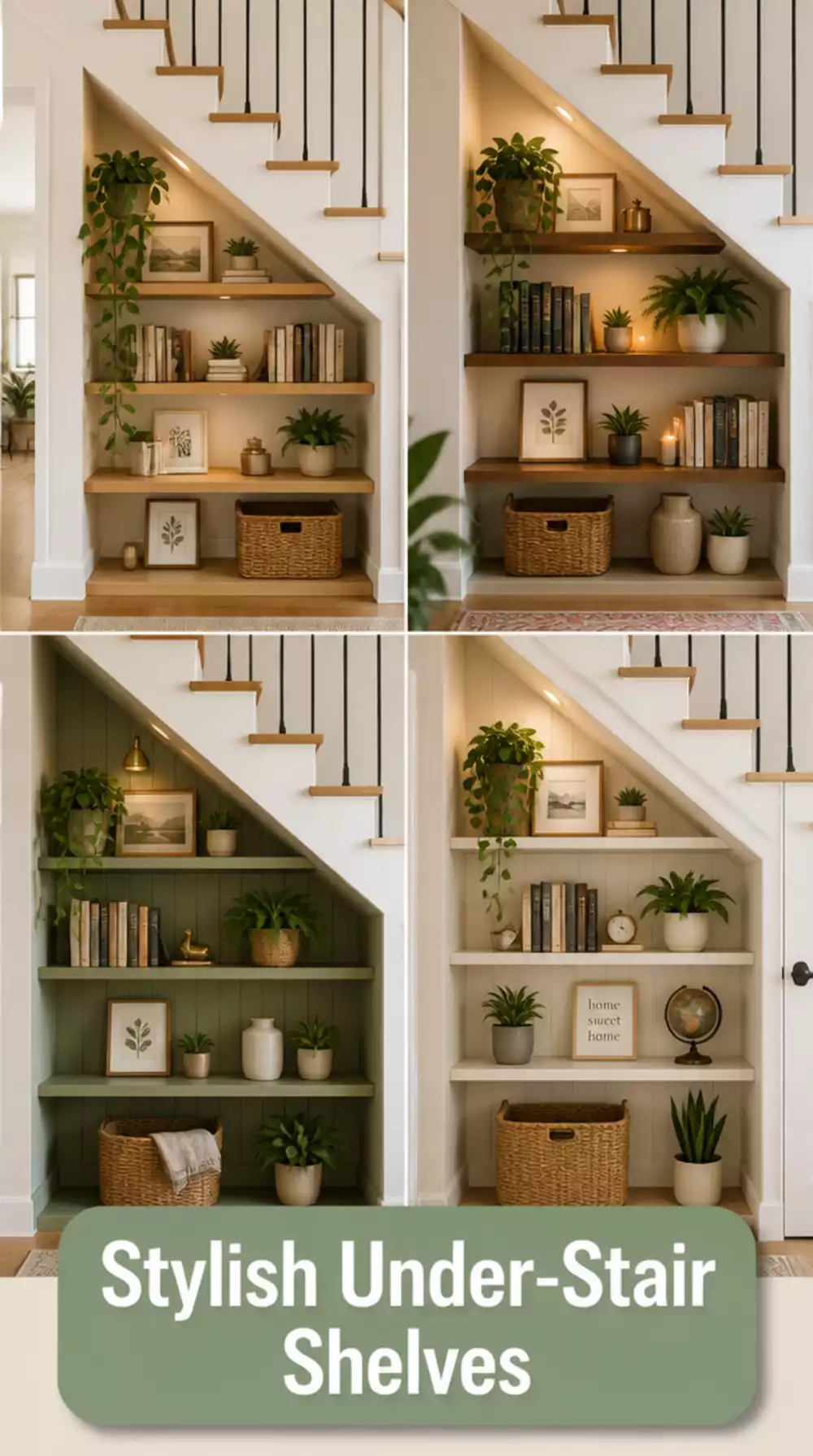 Entryway Under-Stair Open Shelf Nook Styled with Books and Trailing Plants