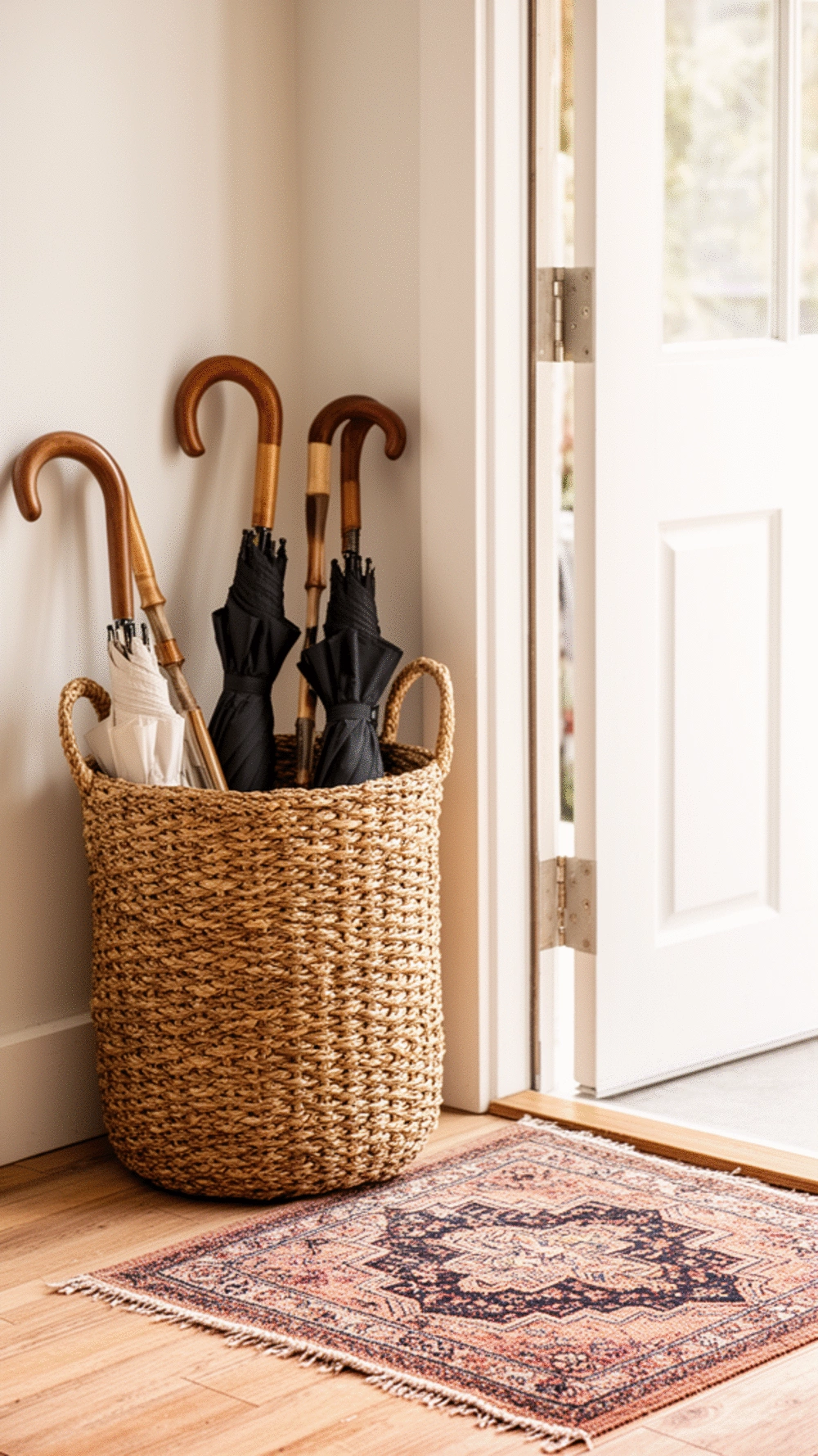 Entryway Woven Seagrass Basket That Holds Umbrellas and Walking Sticks