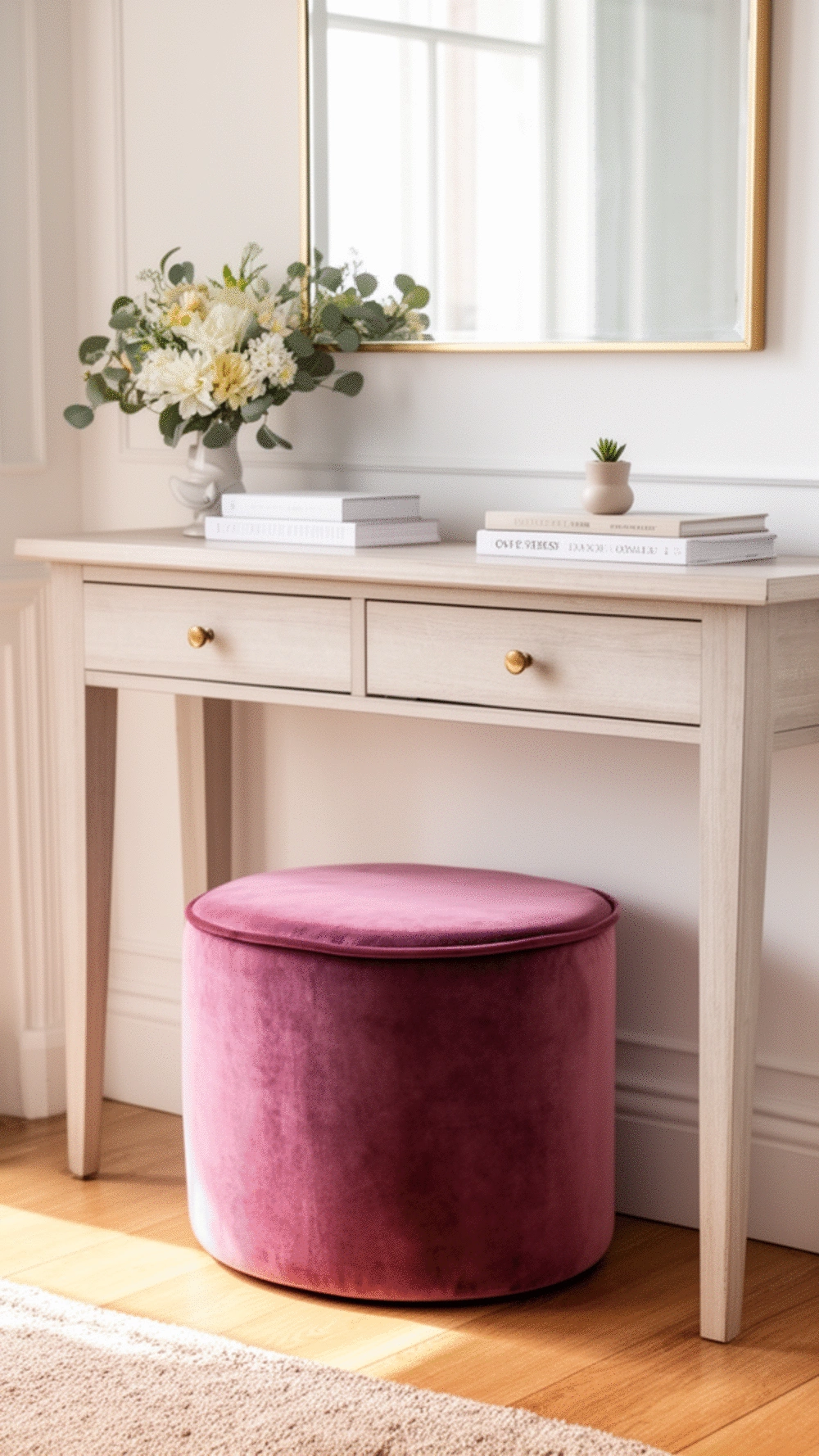 Entryway Console Table with a Velvet Upholstered Pouf Tucked Underneath