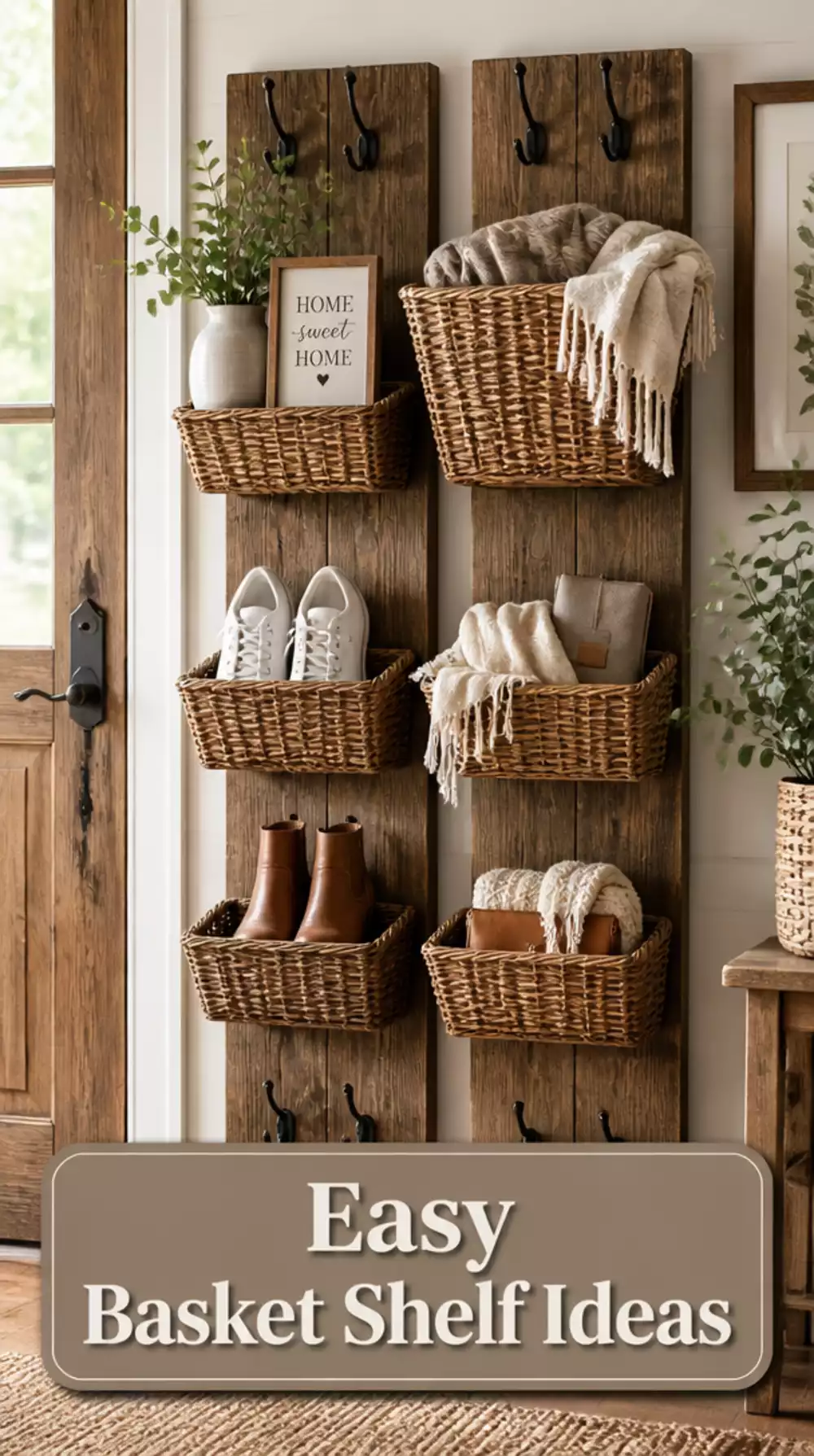 DIY Farmhouse Entryway Basket Shelf Built Between Two Vertical Boards