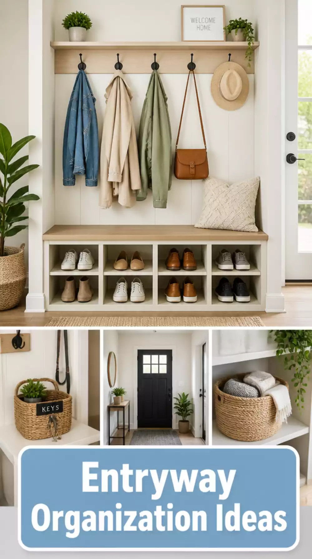 Entryway Bench with Coat Hooks and Shoe Cubbies in One Unit
