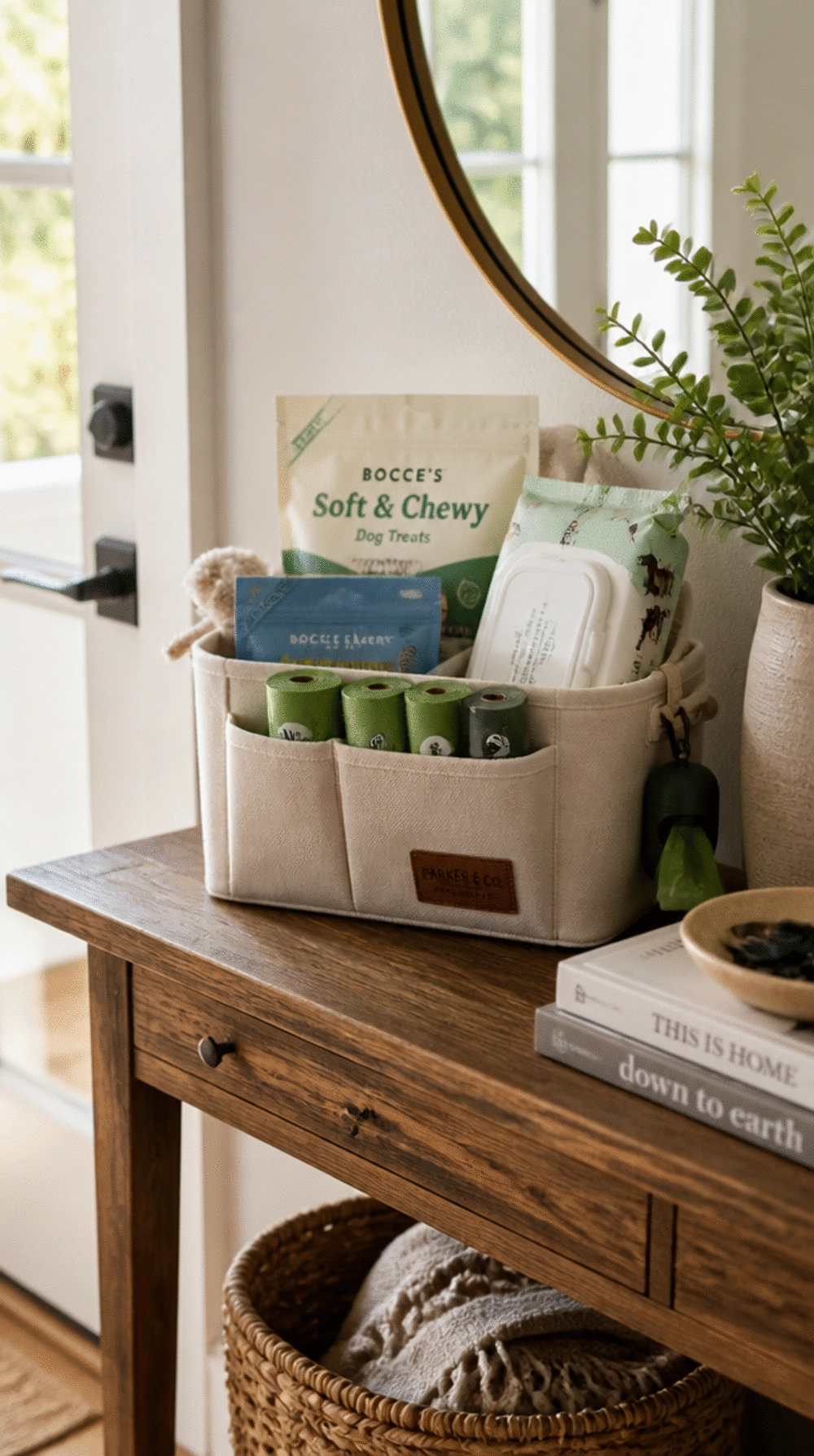 Entryway Pet Supply Caddy with Sections for Treats, Waste Bags, and Wipes