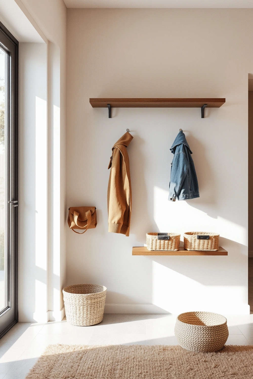 Modern entryway with a sleek wall-mounted coat rack, minimalist floating shelves, and storage baskets on the floor, enhancing vertical space
