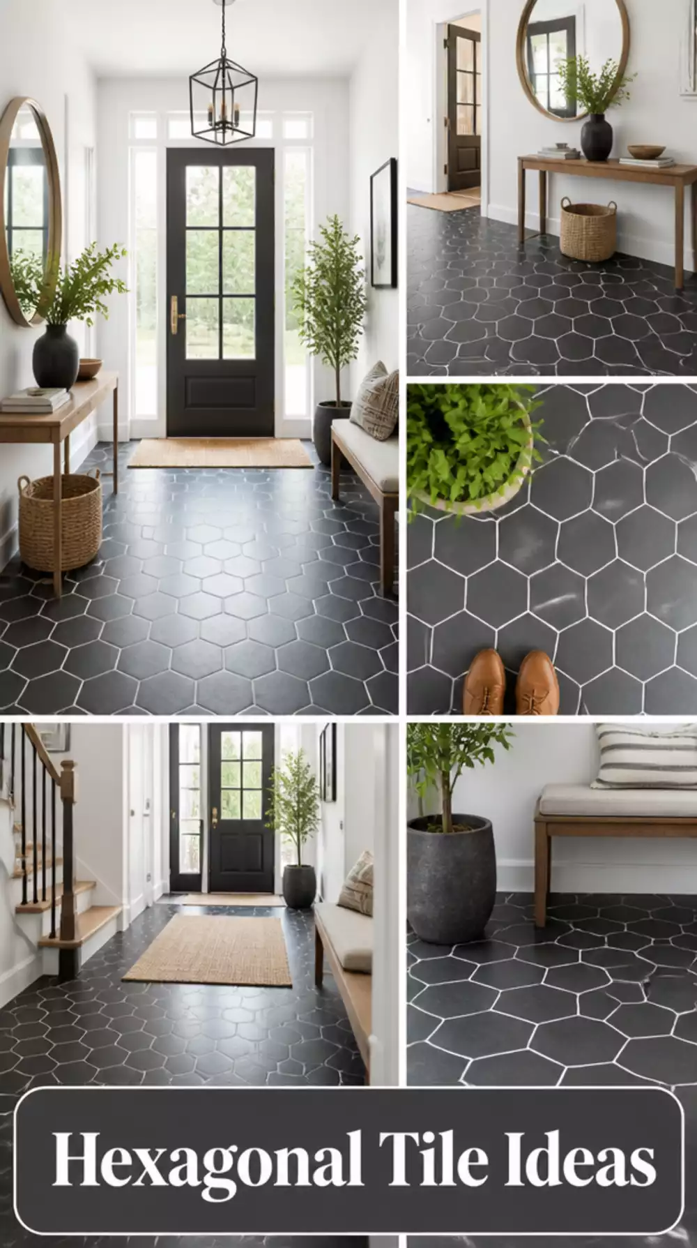 Entryway Hexagonal Tile Floor in a Deep Charcoal with White Grout Lines