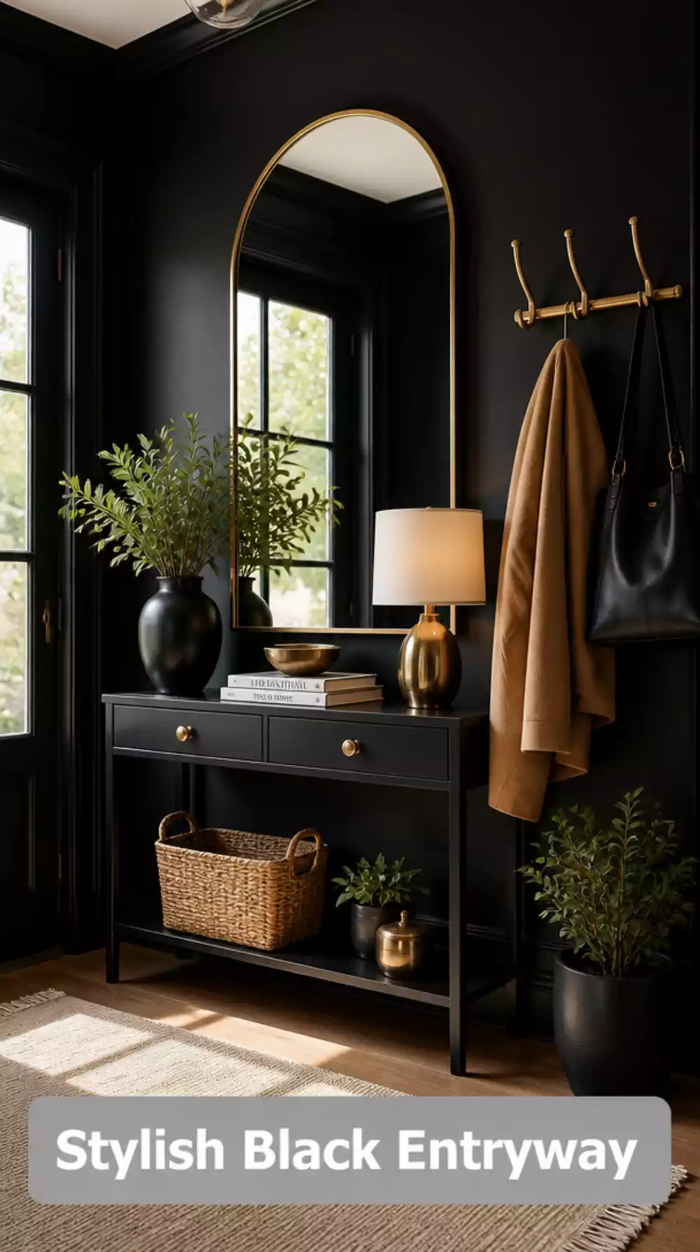 Entryway Black Painted Hall with a Large Arch Mirror That Reflects Light Back