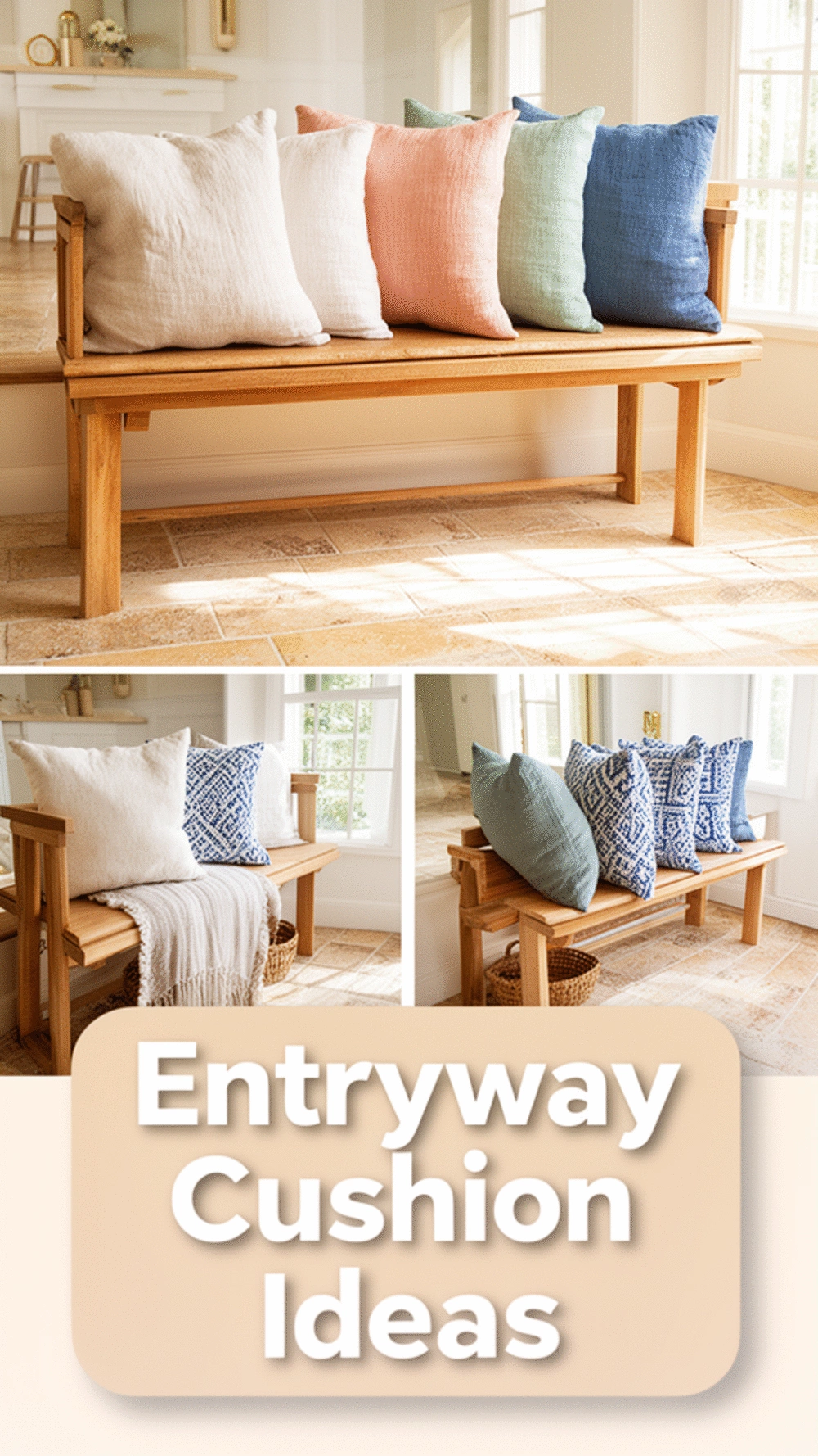 Entryway Linen Cushion Tied Onto a Wooden Bench Seat for Softness