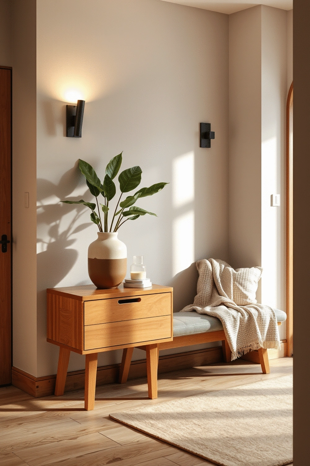 Interior of a cozy entryway featuring a wooden console table with a ceramic vase holding a snake plant, a soft throw blanket draped over a bench, and warm ambient lighting from a stylish wall sconce.