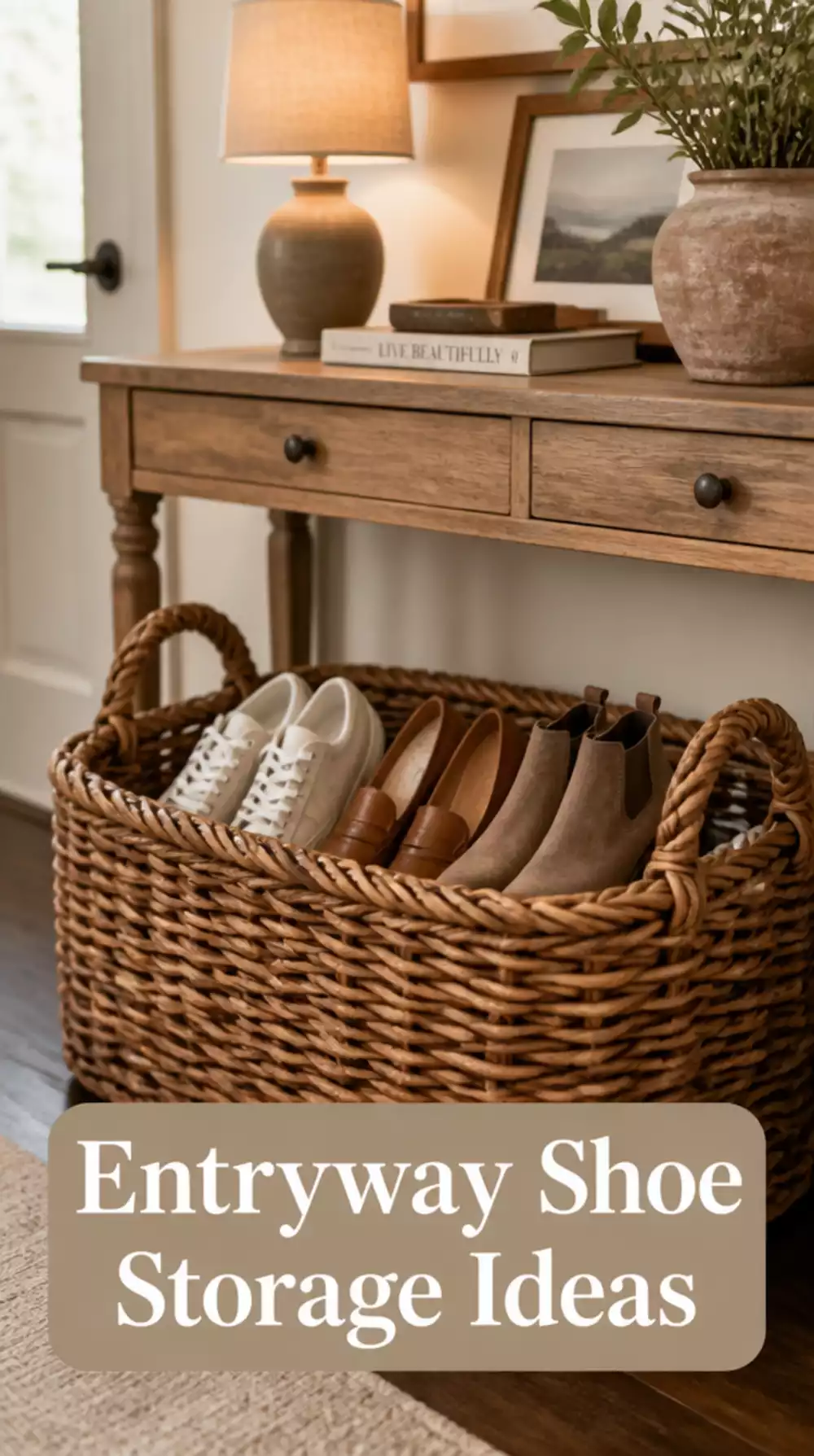 Entryway Chunky Rattan Basket in a Deep Warm Brown for Shoe Storage
