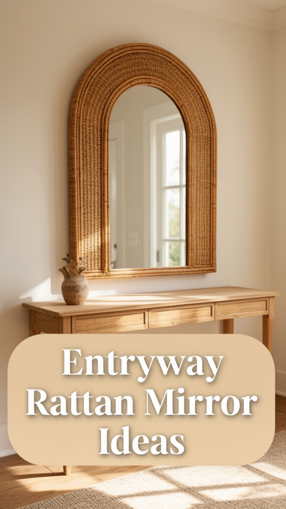 Entryway Rattan Mirror with a Wide Natural Frame in an Arched Shape