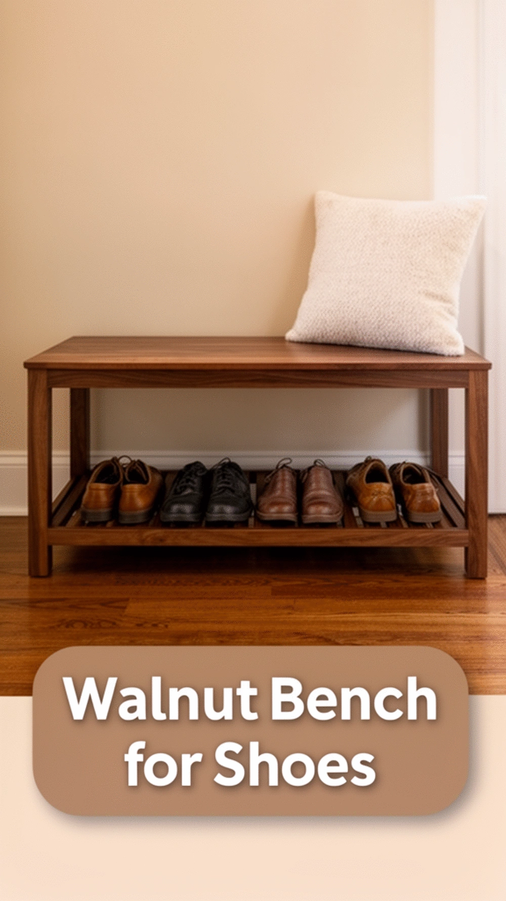 Walnut Entryway Bench with Low Slatted Shelf for Shoes