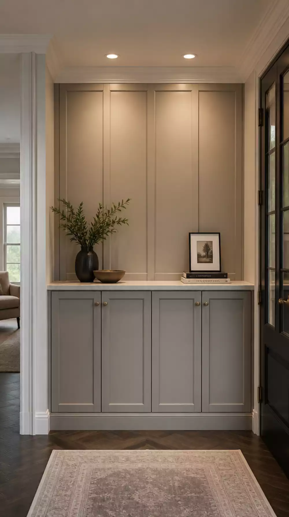 Foyer Built-In Storage Cabinet with Paneled Doors and a Polished Finish