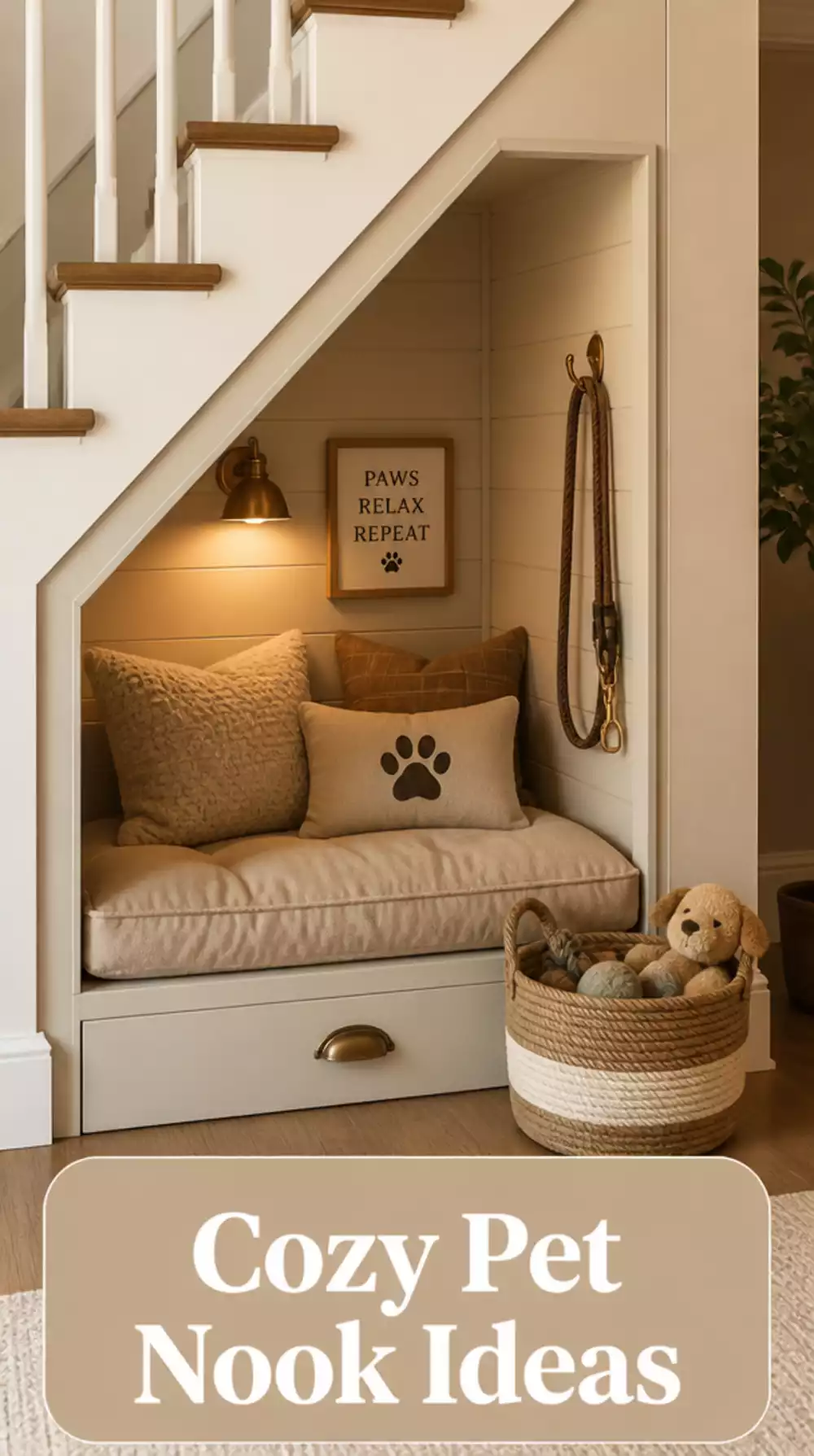 Under-Stair Pet Nook with a Cushion, Lead Hook, and a Basket for Supplies