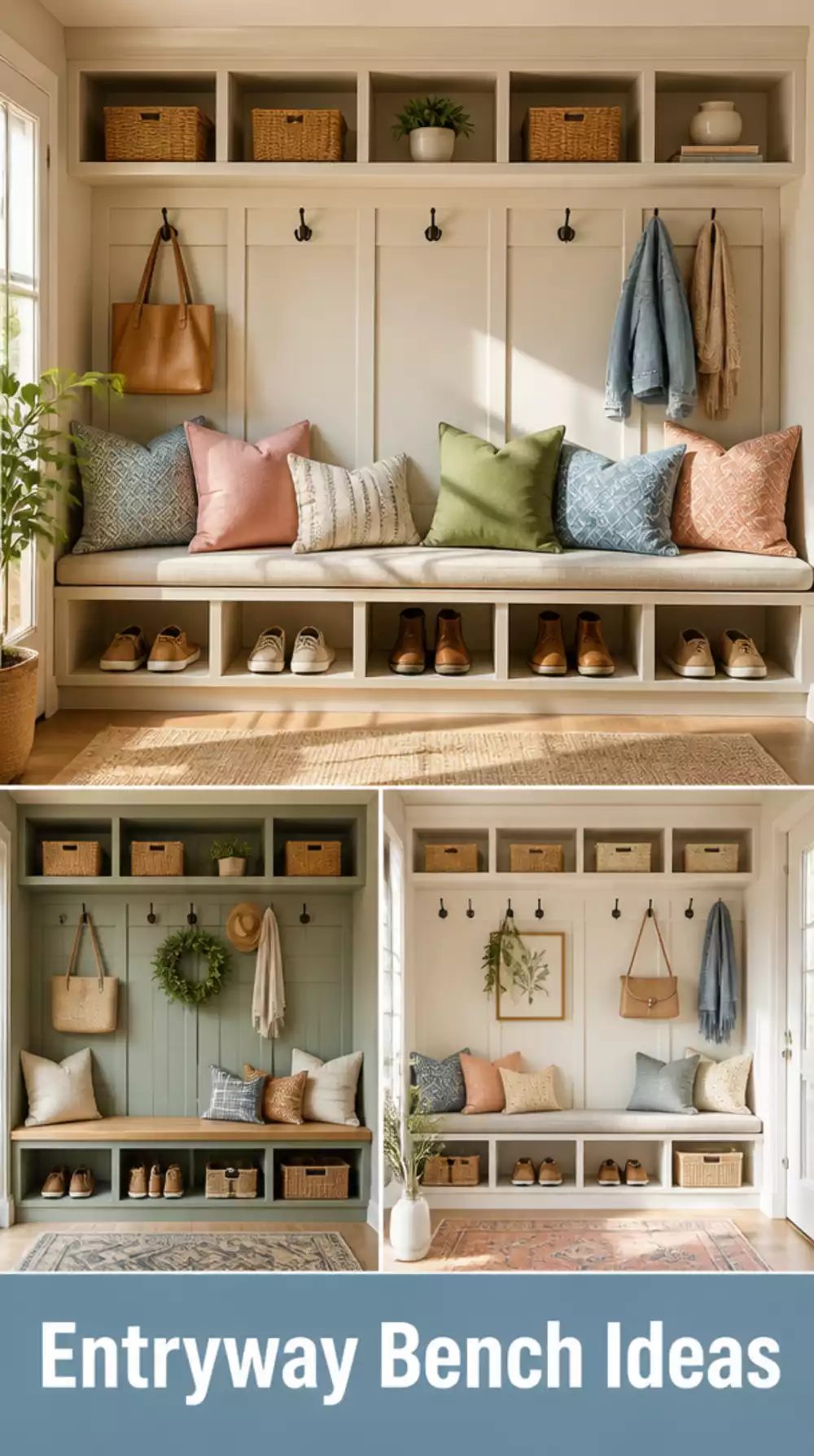 Entryway Built-In Locker Bench Seat That Spans the Full Width of All Lockers