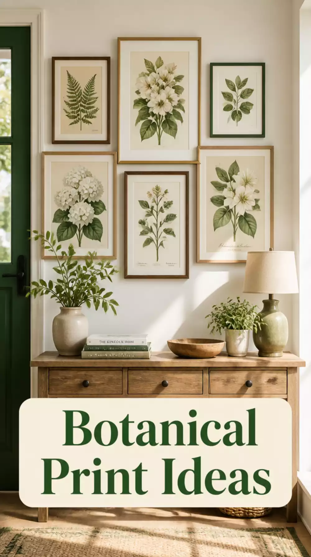 Cottage Entryway Framed Botanical Print Cluster on a White Painted Wall