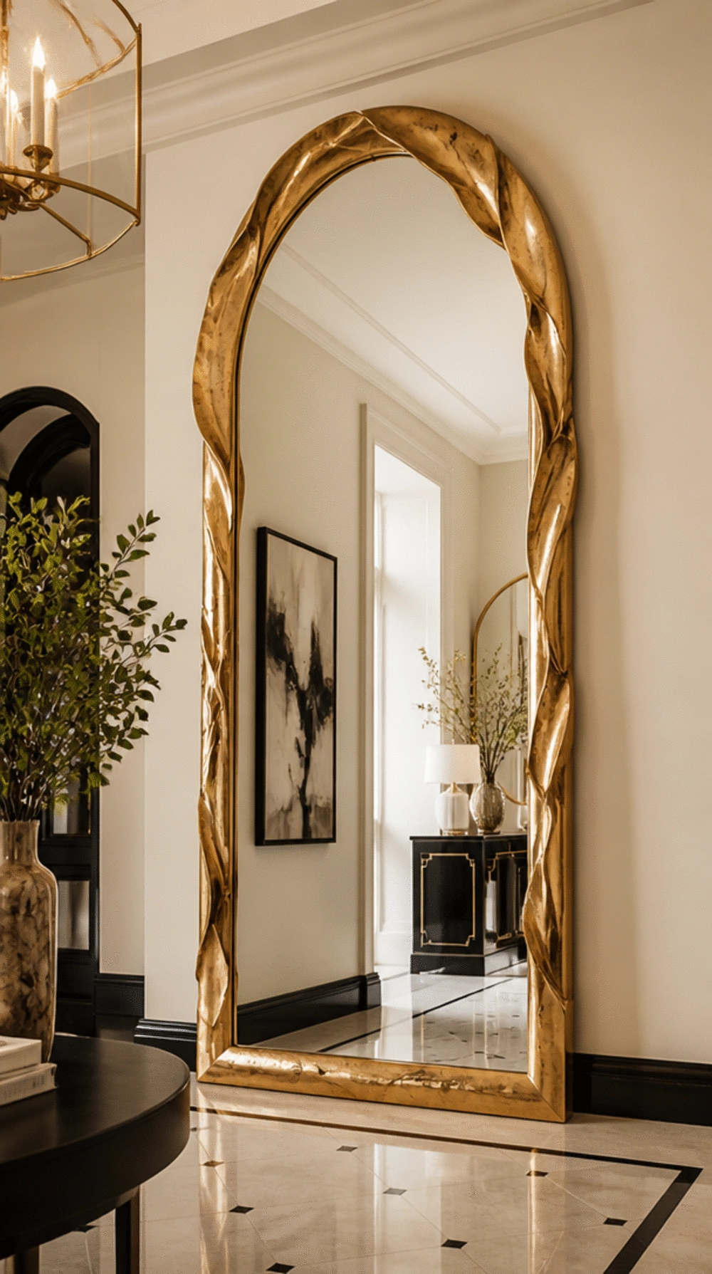 Entryway Oversized Arched Mirror in a Sculptural Gold Leaf Frame