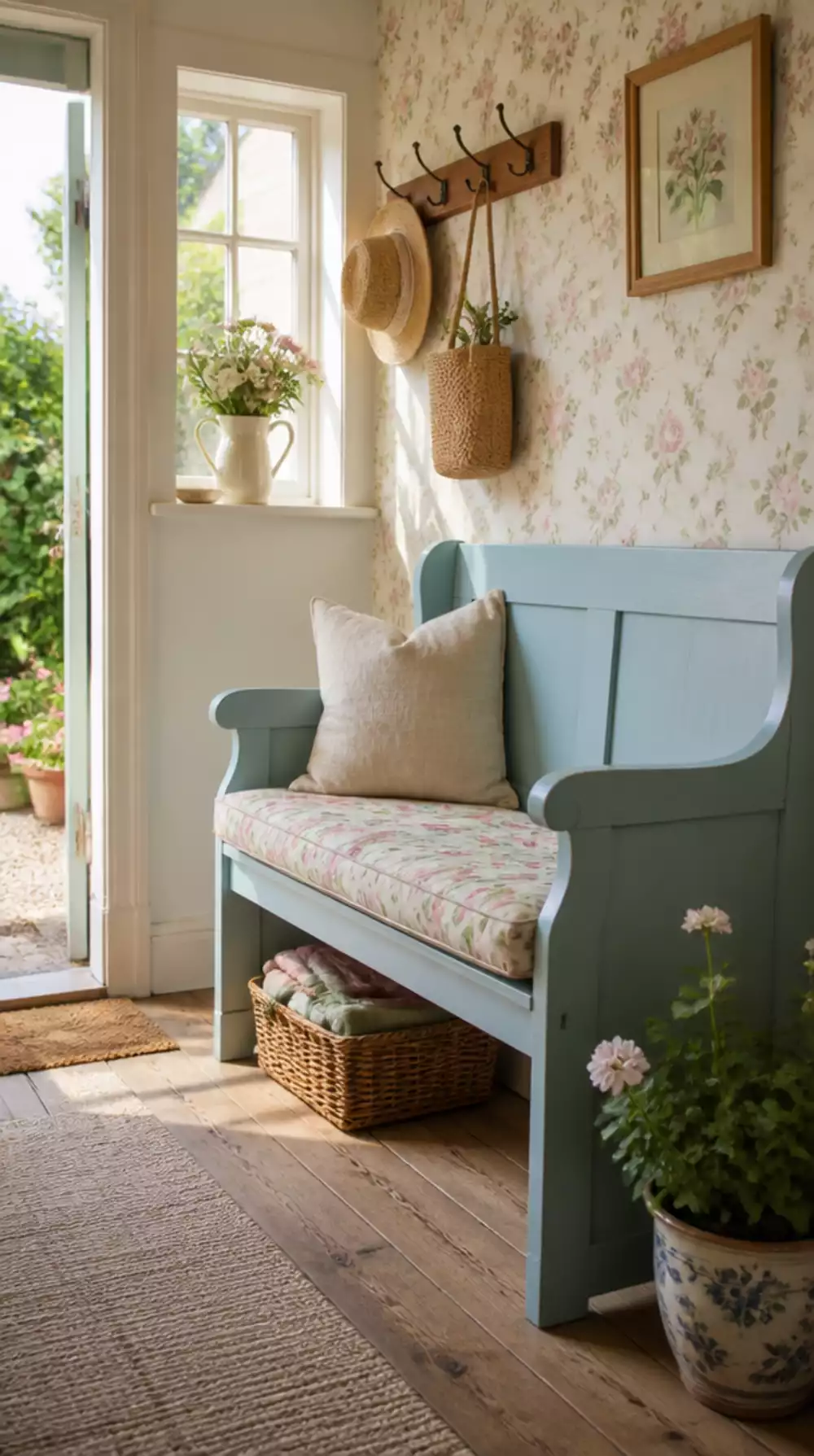 Cottage Entryway Painted Bench in Duck-Egg Blue with a Floral Seat Cushion
