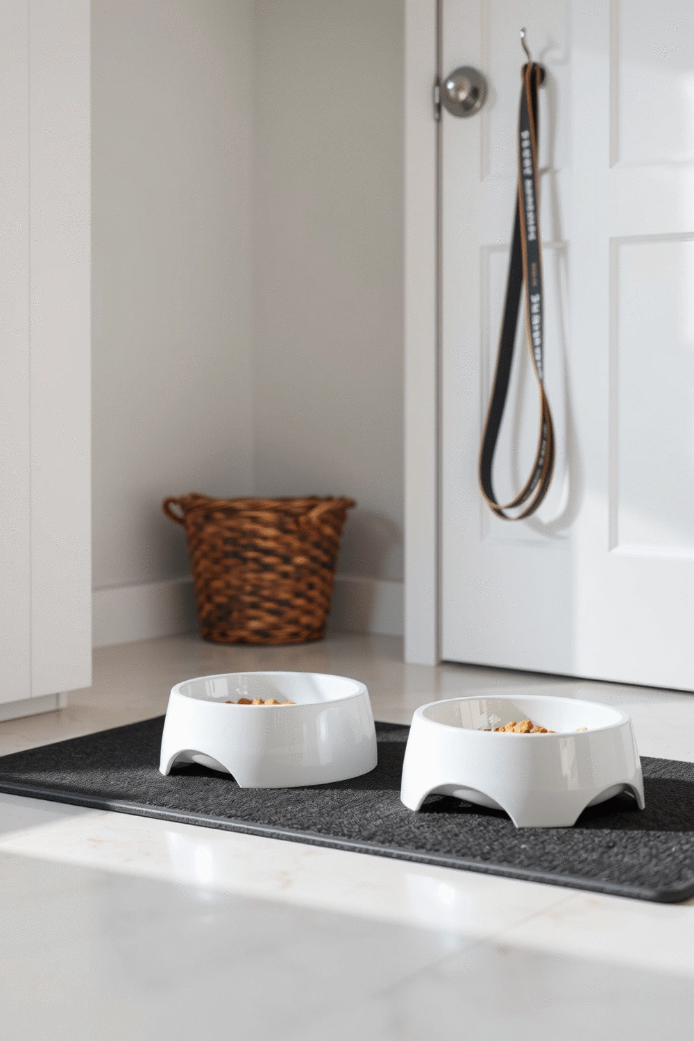 Stylized pet food and water bowls on a mat in a clean, modern entryway next to a leash hanging on a hook.