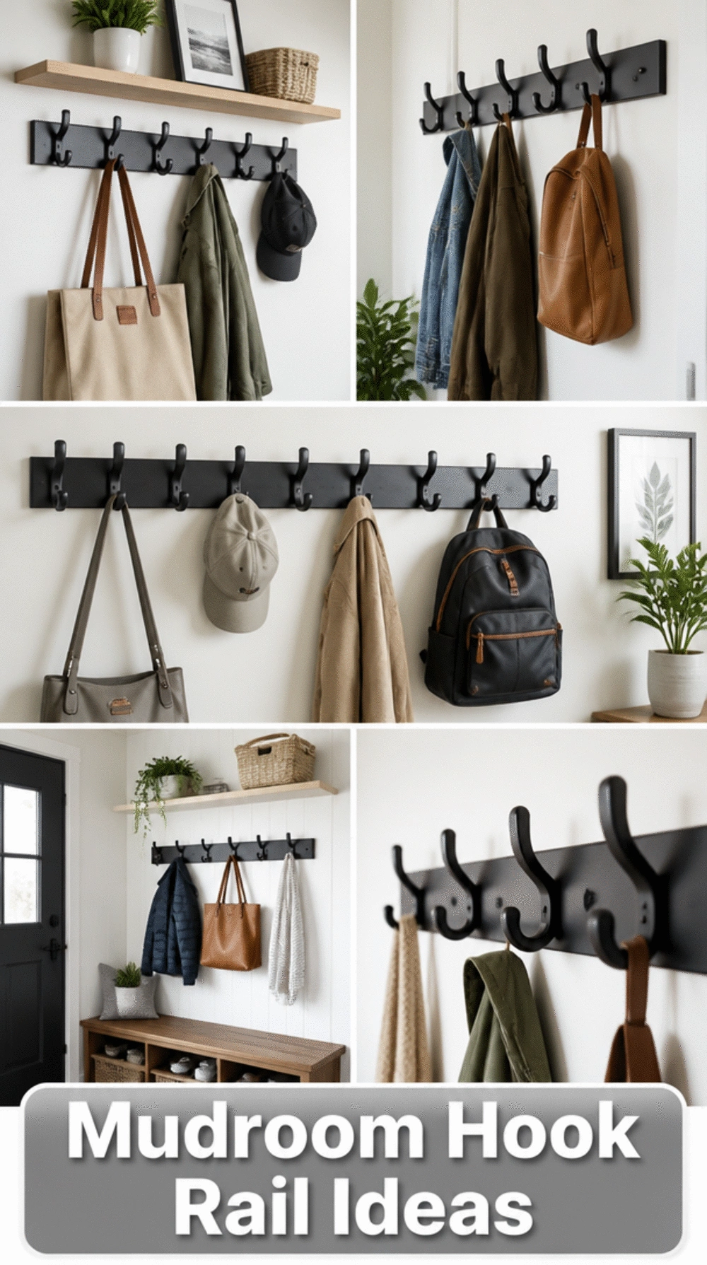 Mudroom Coat Hook Rail in Black Metal That Holds Bags, Hats, and Jackets