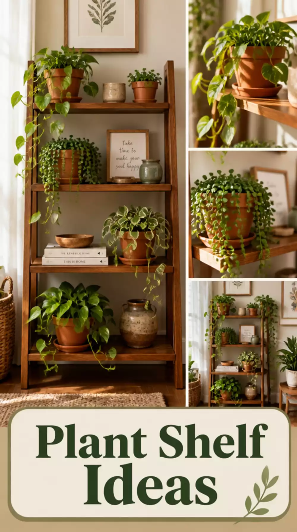Entryway Warm Wood Shelf Lined with Small Terracotta Pots and Trailing Vines