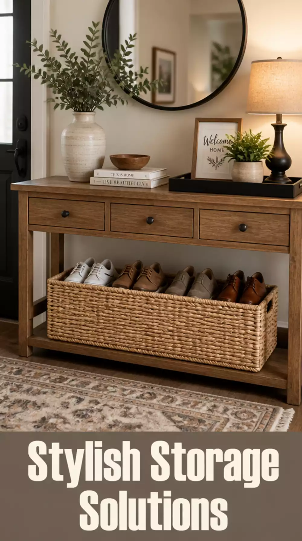 Apartment Entryway Woven Basket Under the Console That Hides Spare Shoes