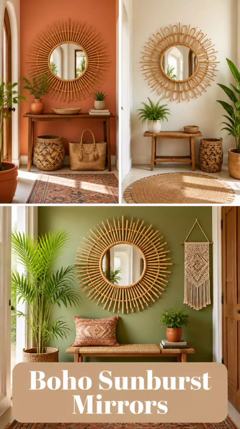 Entryway Bamboo-Frame Mirror in a Sunburst Shape for a Boho Hallway