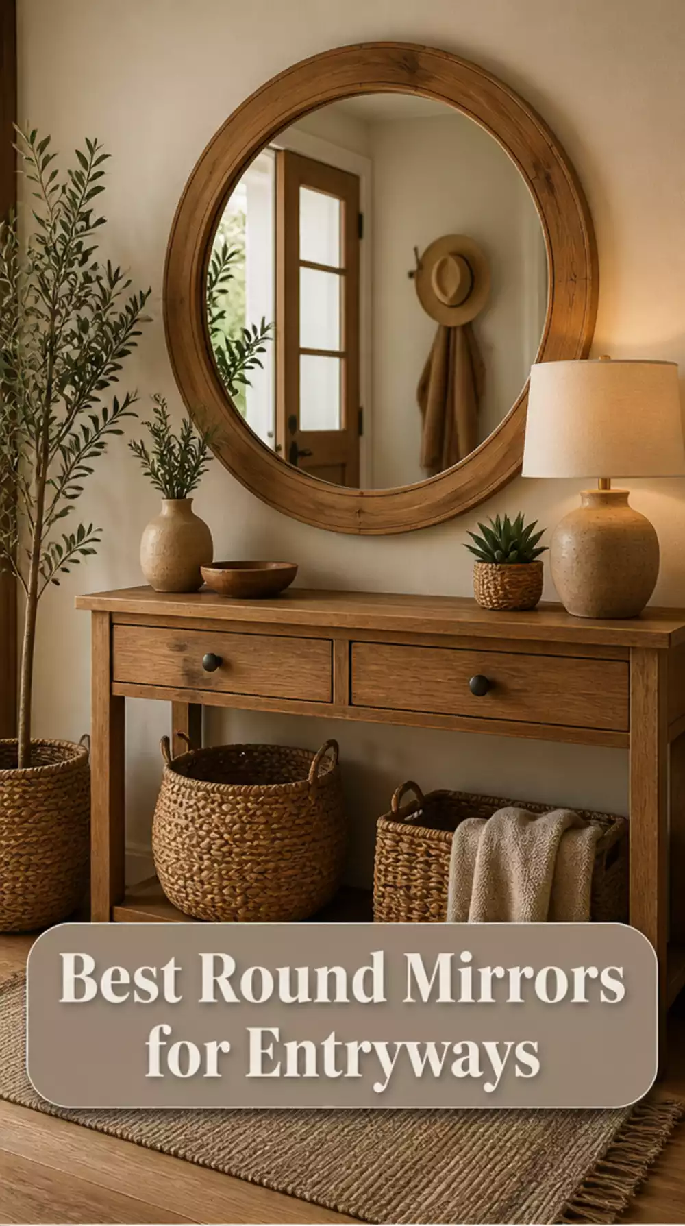Entryway Round Mirror with a Thick Natural Wood Frame and Warm Grain