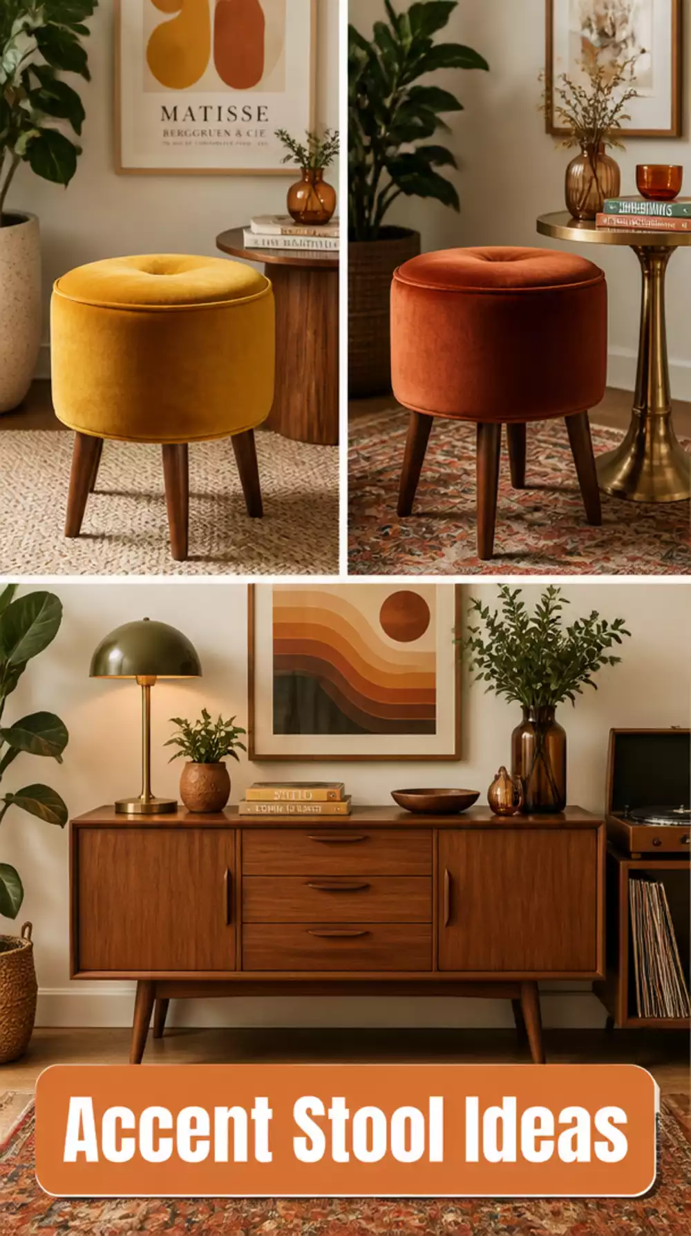 Entryway Mustard or Rust Velvet Accent Stool That Adds a Pop of Retro Colour