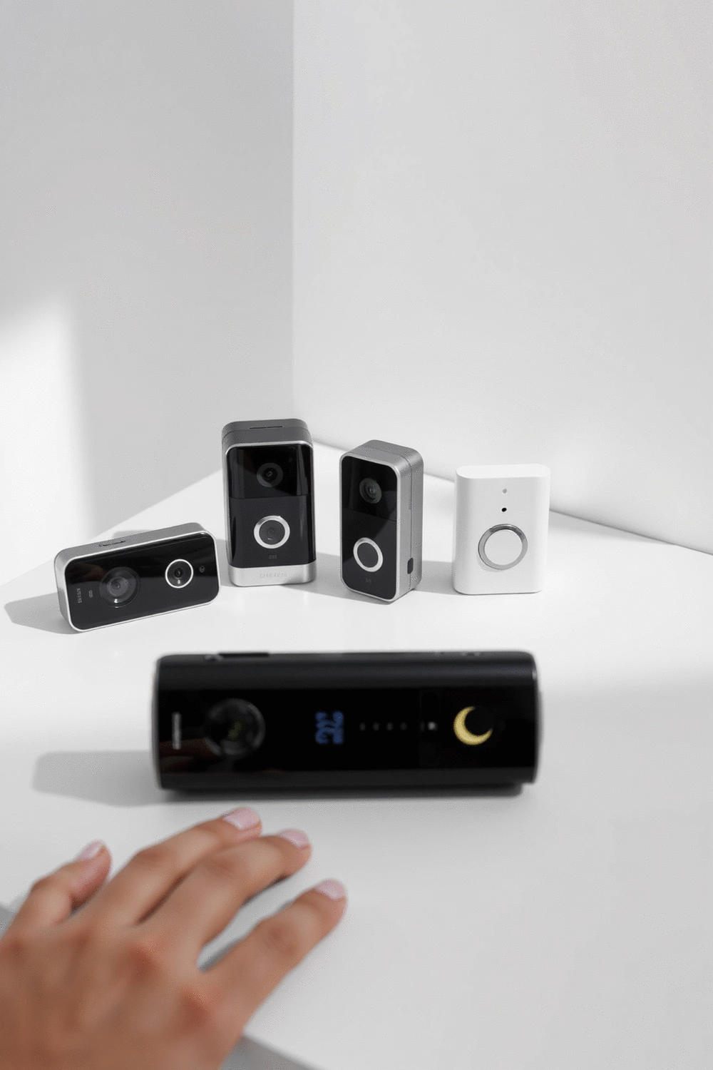 Various video doorbell models displayed on a clean white surface with feature icons like HD, wide-angle lens, and night vision. No people.