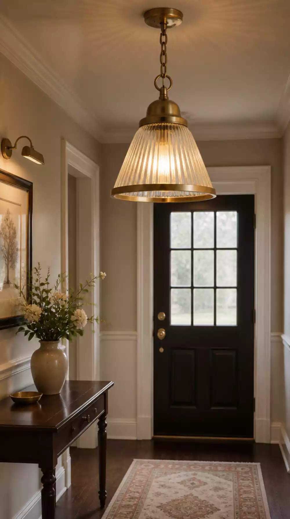 Entryway Aged Brass Pendant with a Fluted Glass Shade for a Classic Hall