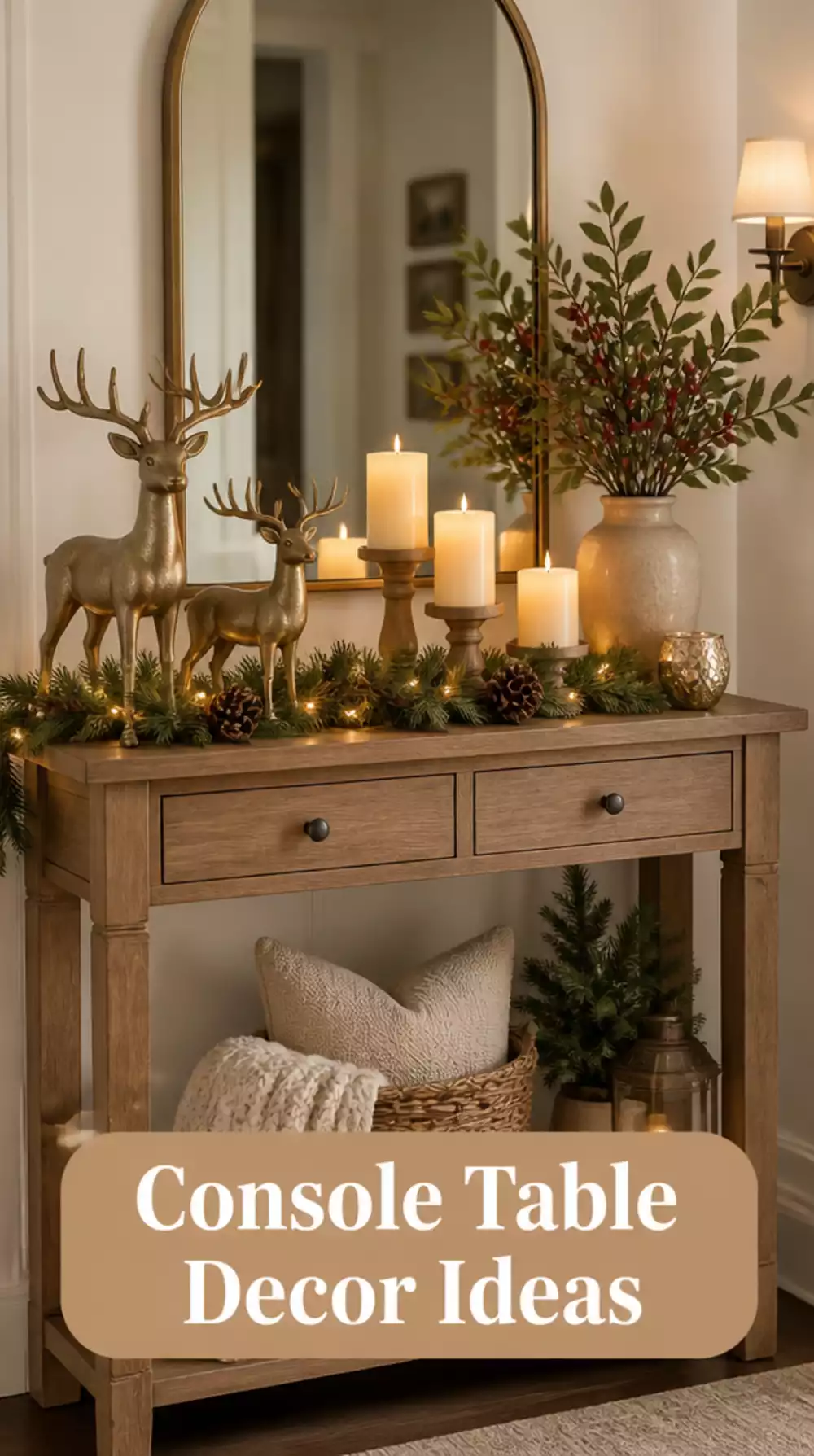 Entryway Console Table Styled with Reindeer Figurines and Pillar Candles