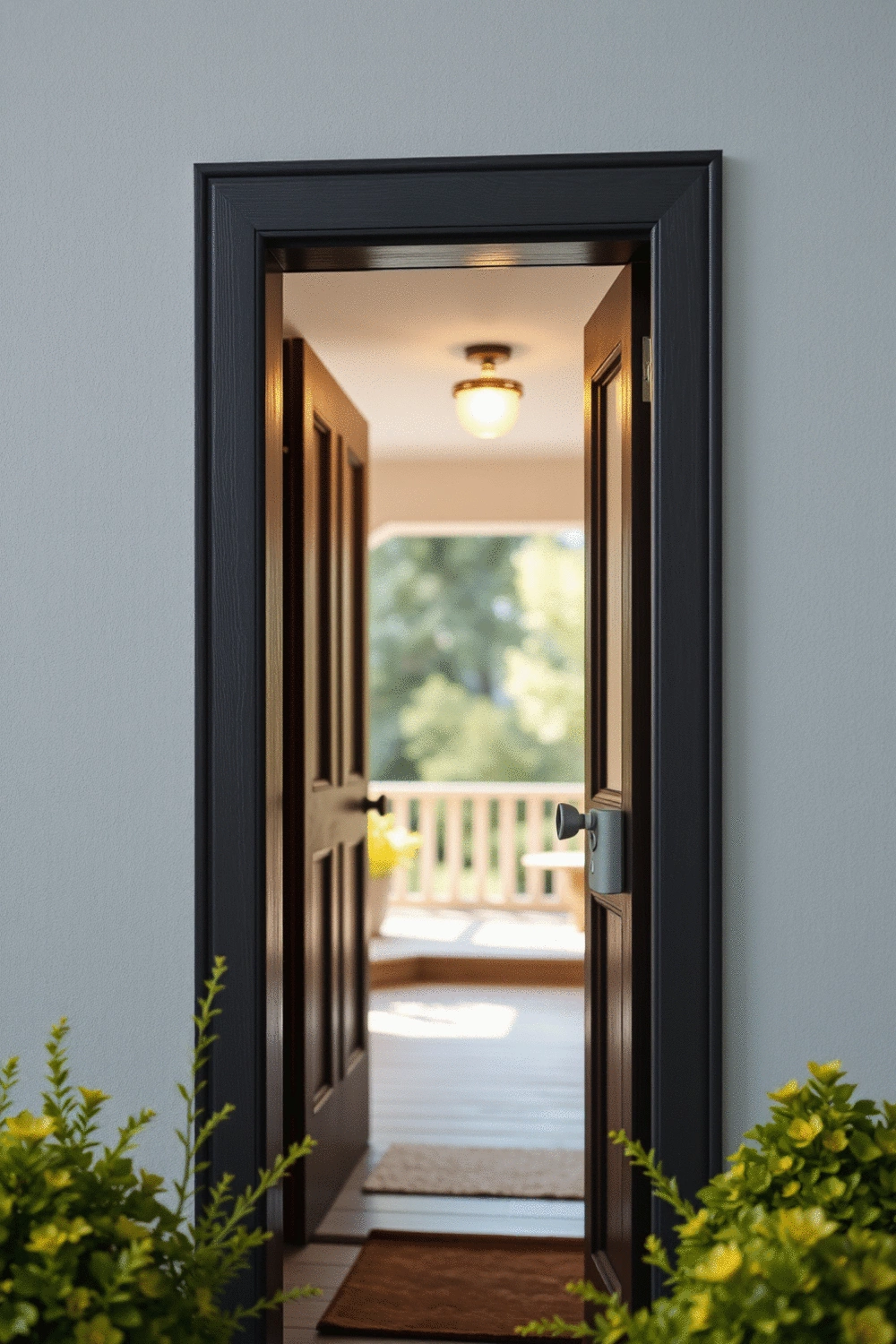 Modern video doorbell mounted on a dark wooden door frame, with a clear view of a well-lit porch. No people.