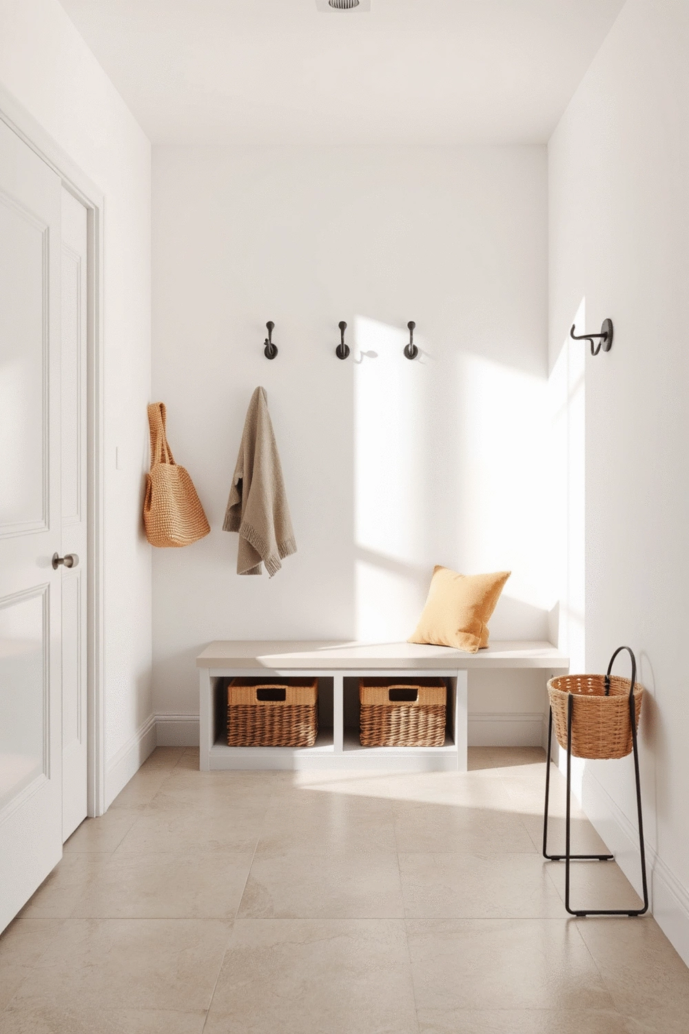A sleek, modern entryway with a minimalist storage bench, a few neatly arranged decorative baskets, and a set of simple wall hooks. The space is uncluttered and shows natural light.