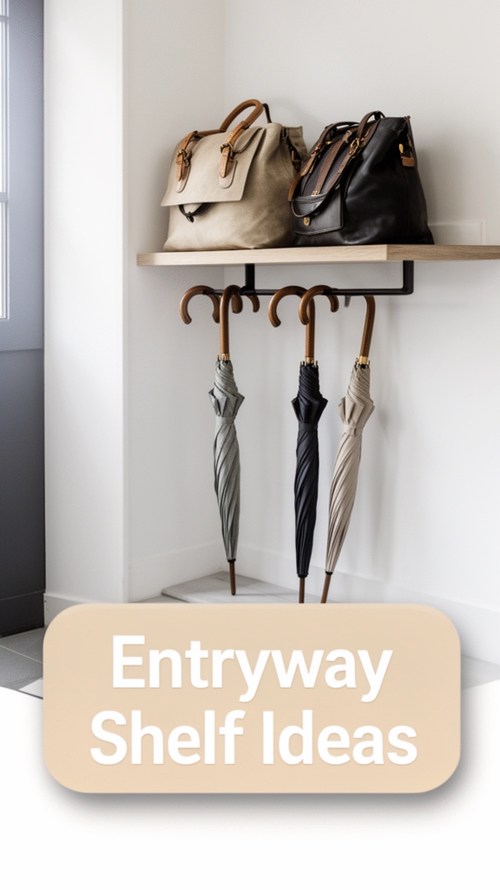 Small Mudroom Floating Shelf with Hooks Below for Bags and Umbrellas