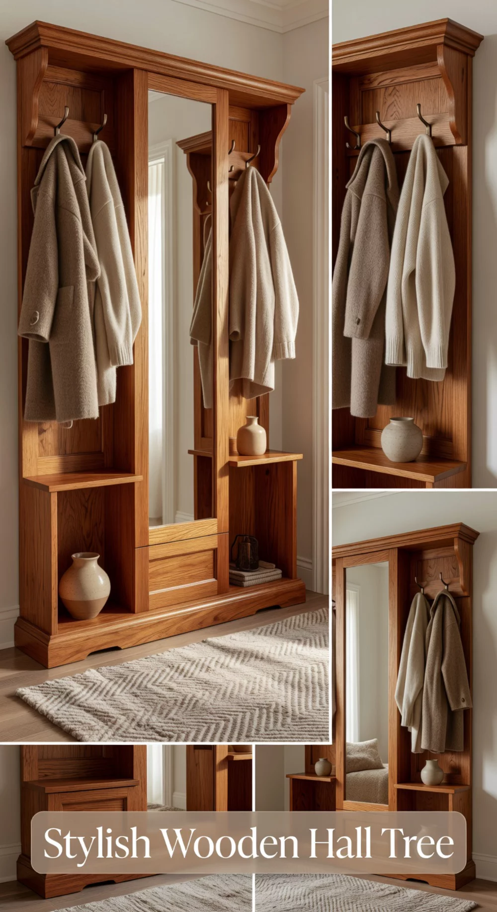 Entryway Wooden Hall Tree with a Full-Length Mirror and Side Hook Columns