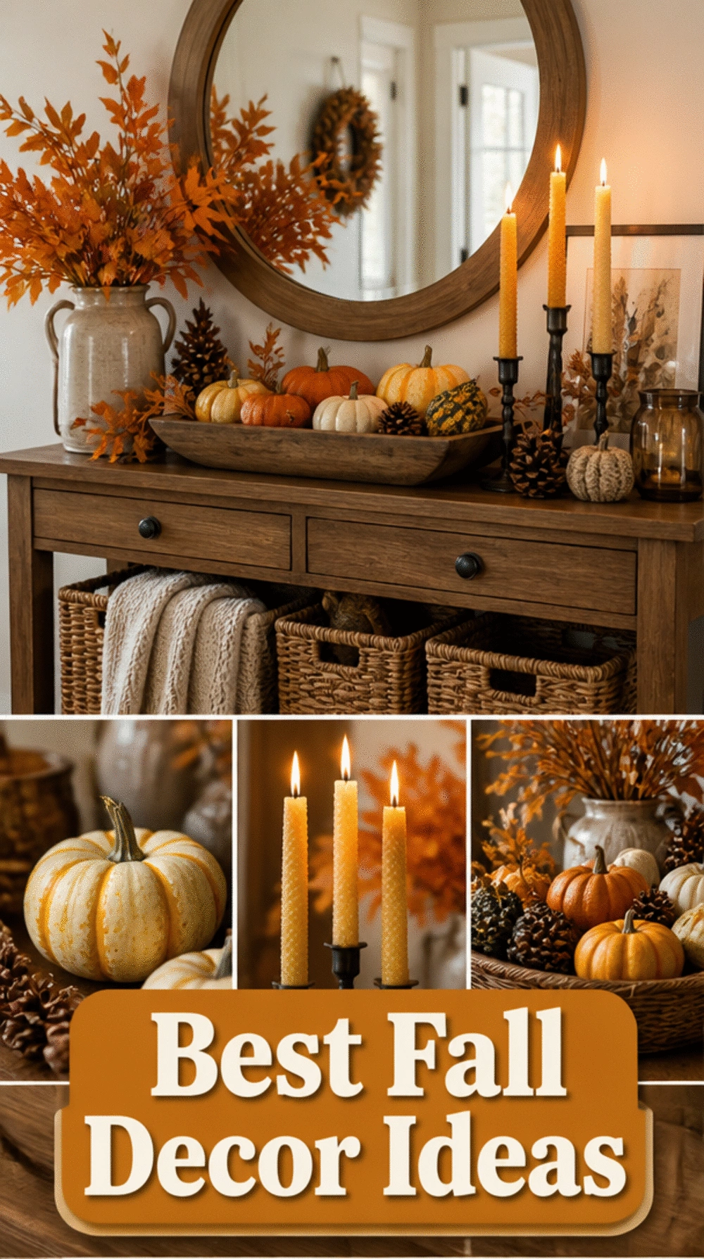 Entryway Console Styled with Mini Gourds, Pinecones, and a Beeswax Candle