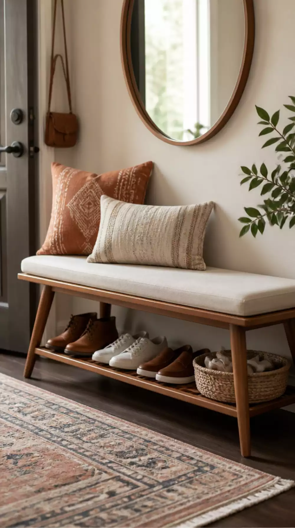 Mid-Century Entryway Wooden Bench with Splayed Legs and a Foam Seat Cushion