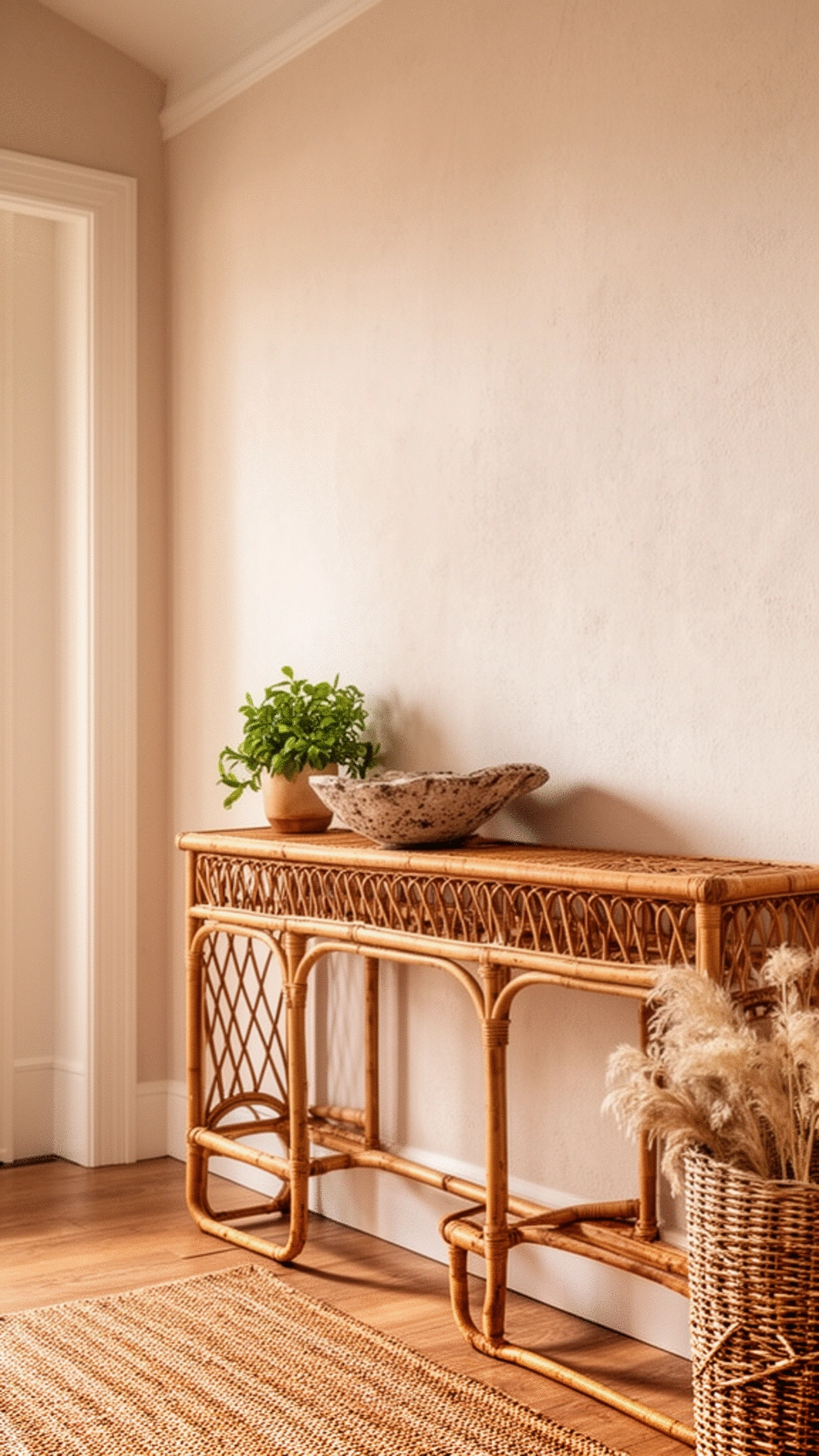 Entryway Rattan Console Table with Open Lower Shelf for Boho Storage
