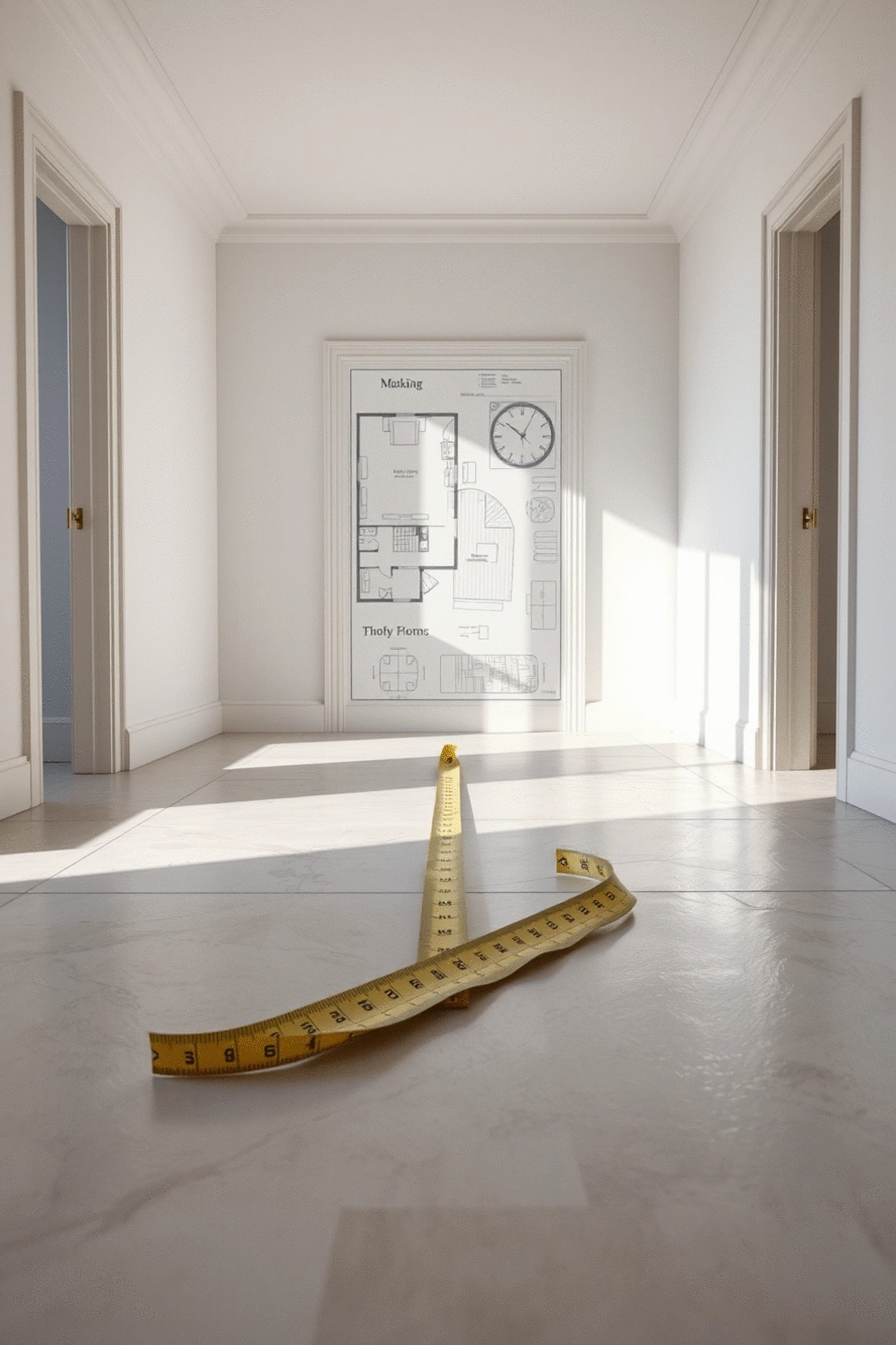 Measuring tape laid out across an empty entryway floor, with a blueprint or floor plan in the background, symbolizing space assessment and planning.