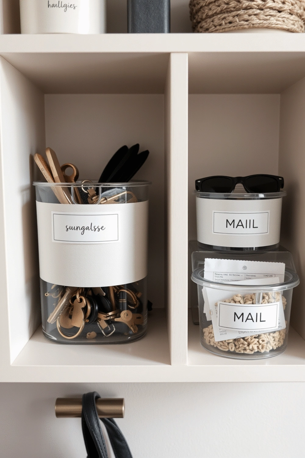 A close-up of a neatly organized entryway shelf with clear labeled containers for keys, sunglasses, and mail. The labels are minimalist and stylish, ensuring everything has its designated place.