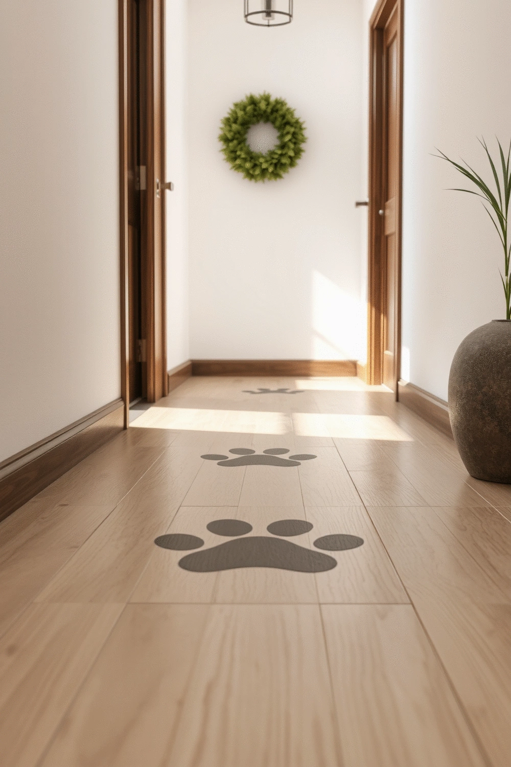 A close-up of a durable, easy-to-clean flooring material in an entryway, with a dog paw print subtly integrated into the design.