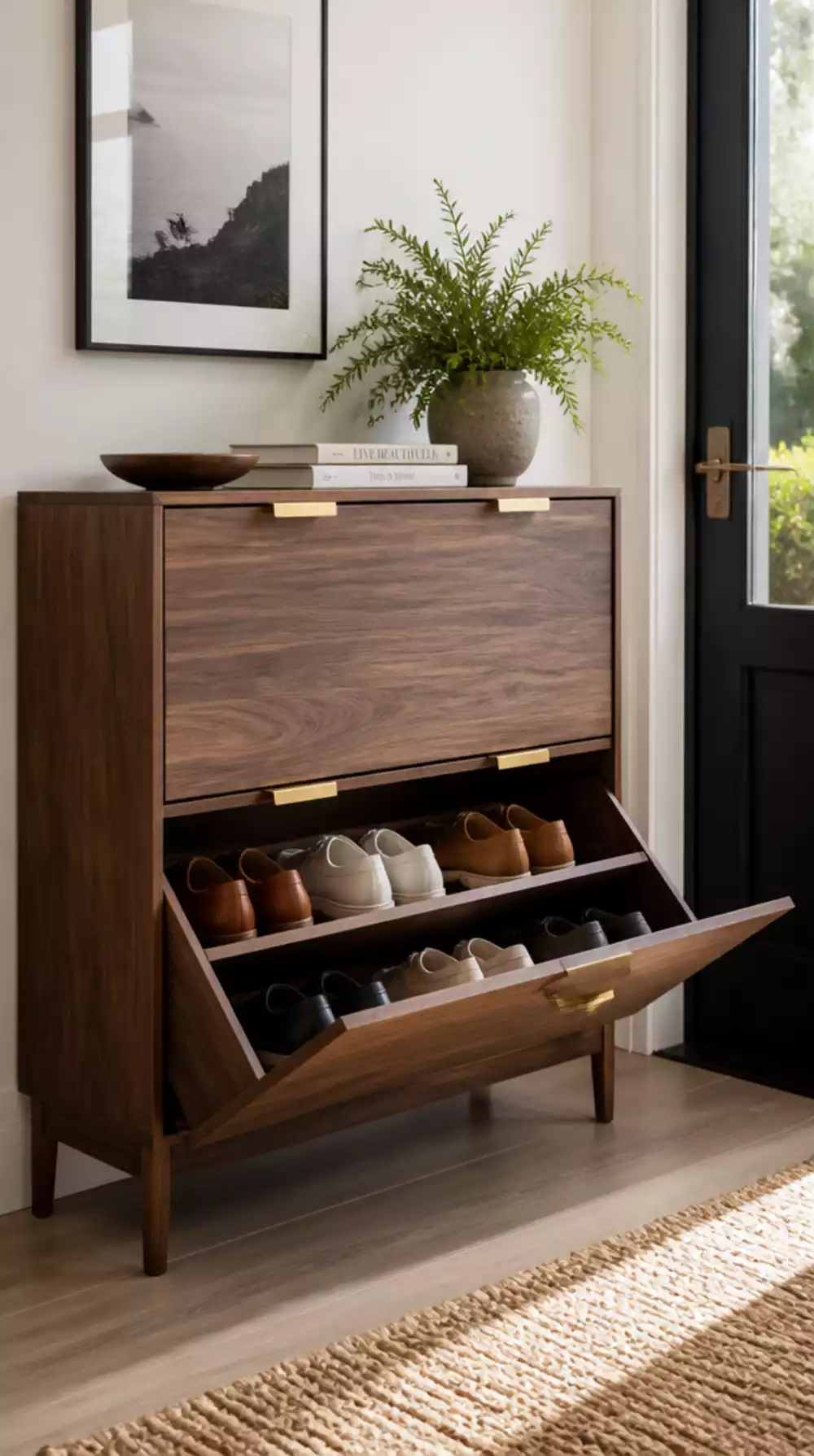Entryway Walnut Shoe Cabinet with Brass Edge Pulls on Each Drawer Front