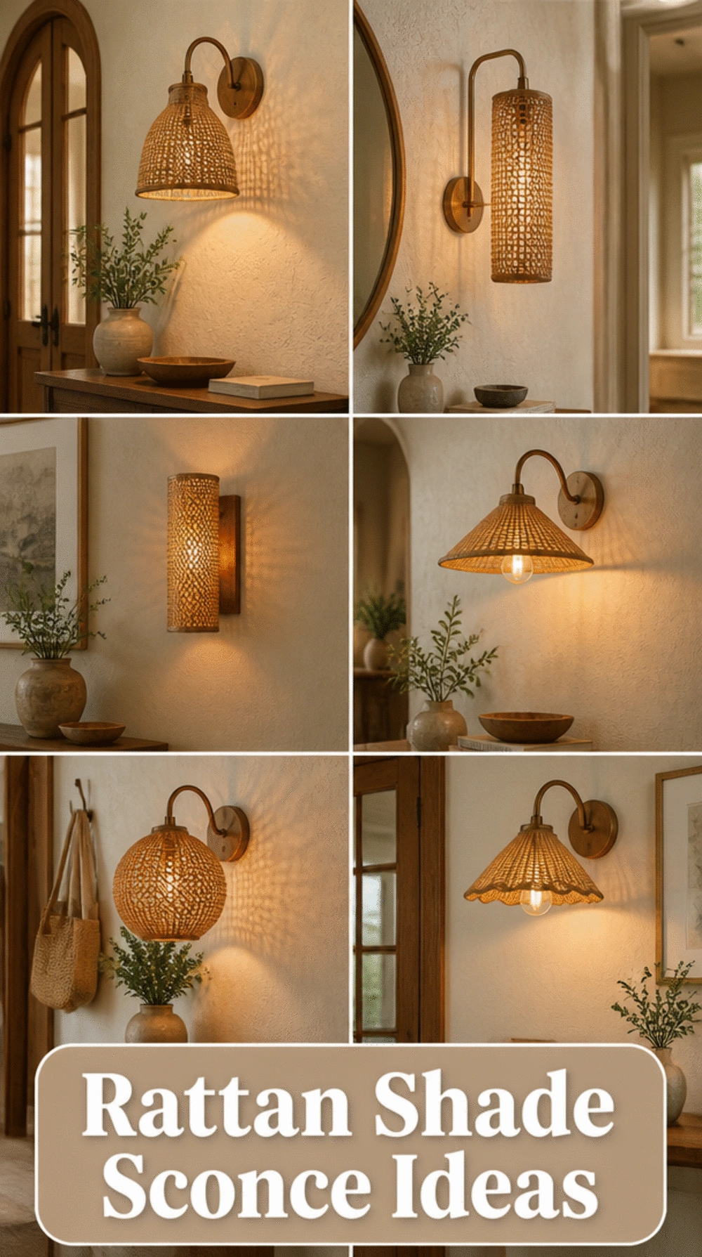 Entryway Rattan Shade Wall Sconce That Casts a Warm Patterned Glow