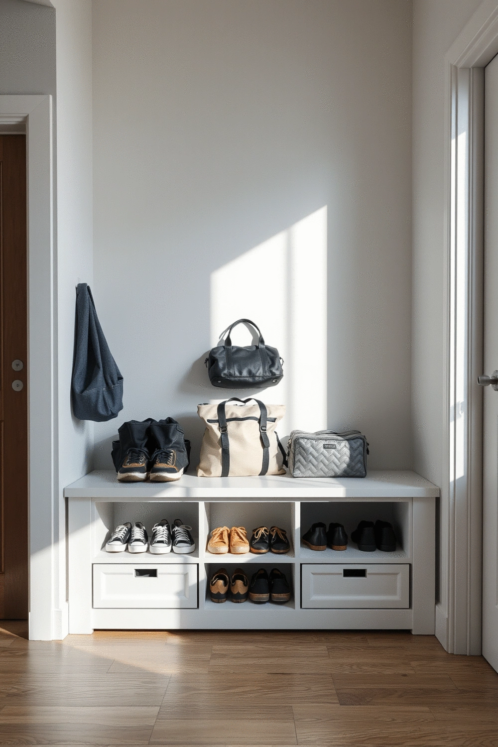 Modern entryway bench with storage, neatly organized with shoes and bags, in a minimalist setting