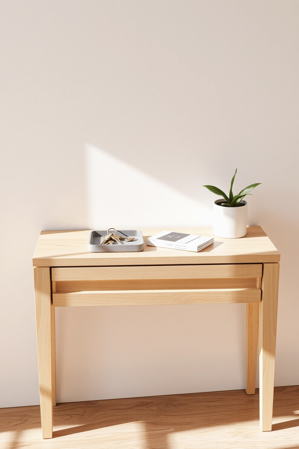 Stylishly arranged entryway console table with keys, mail, and a small decorative plant