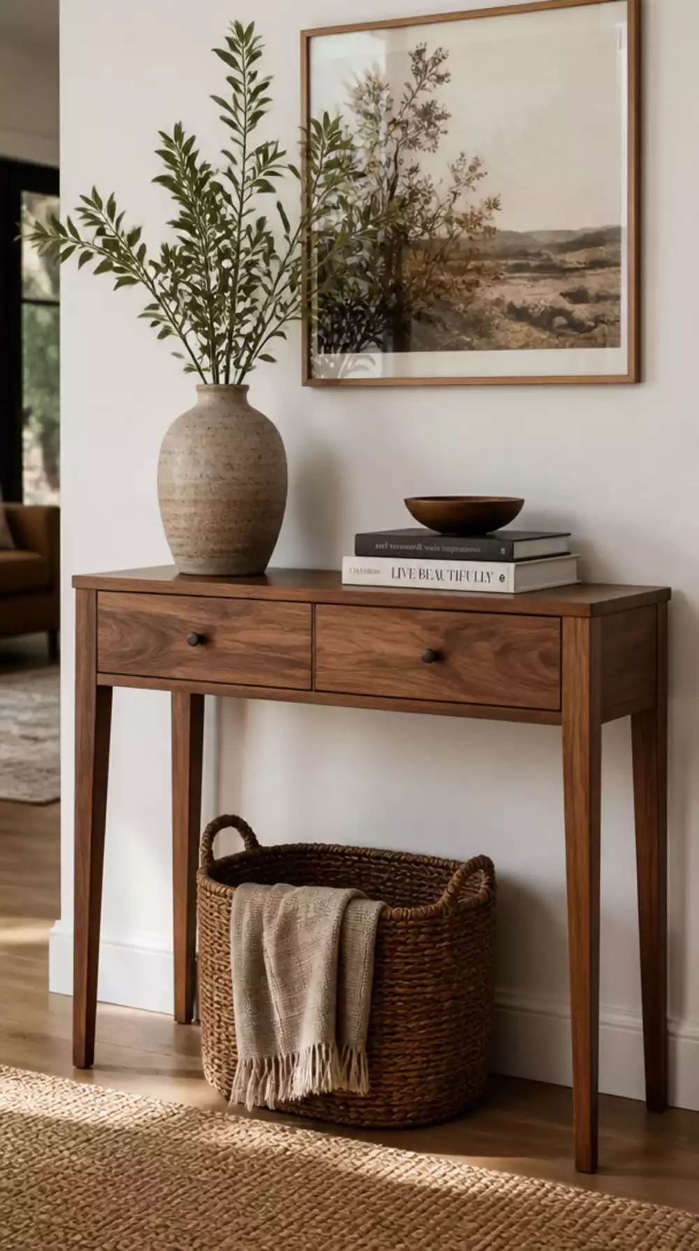 Entryway Walnut Console Table with Tapered Legs and a Warm Grain Finish