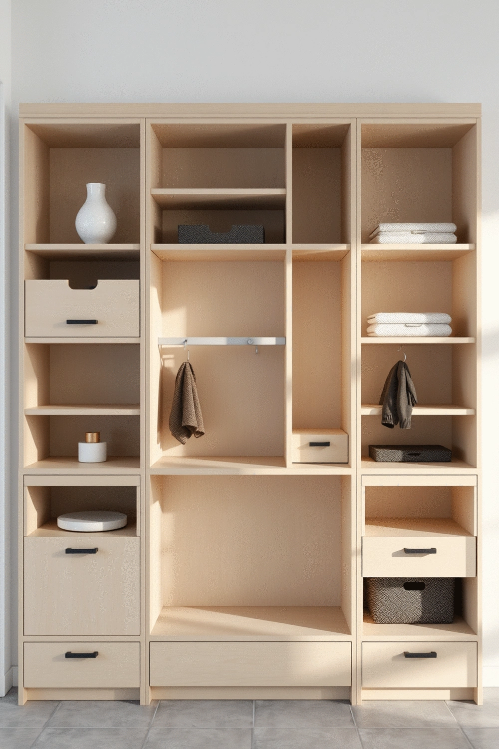 Modern entryway shelving unit with various storage compartments