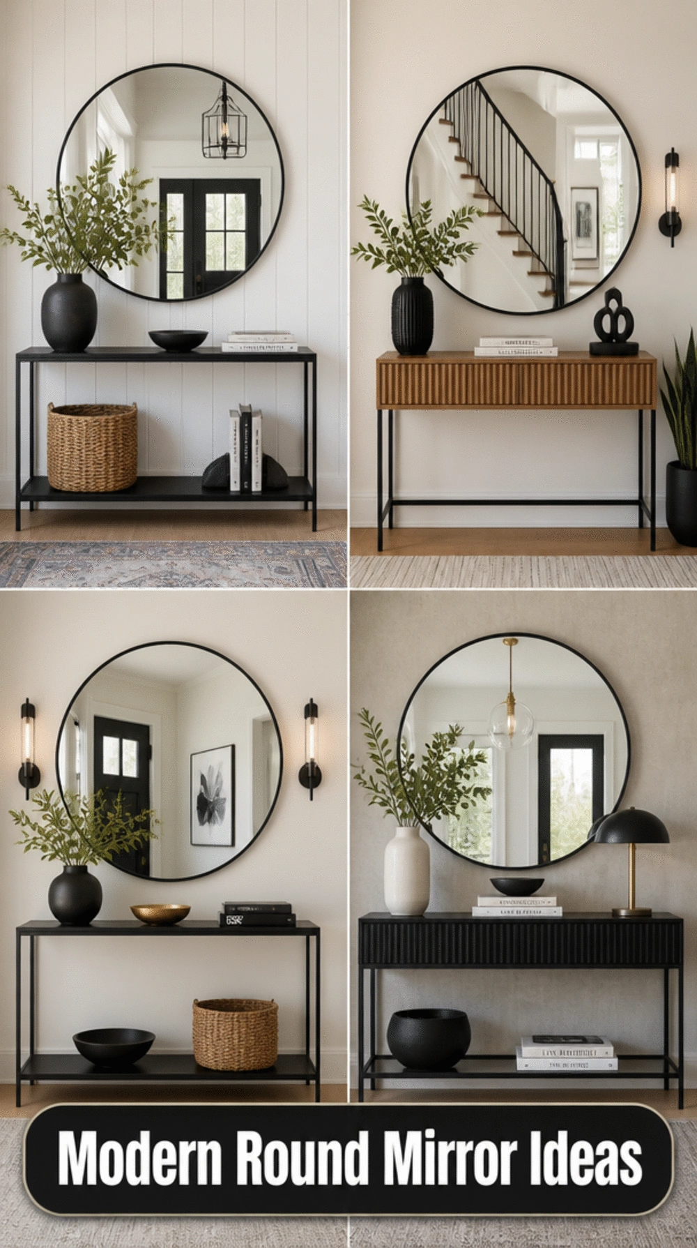 Round Entryway Mirror with a Black Metal Frame for a Modern Look
