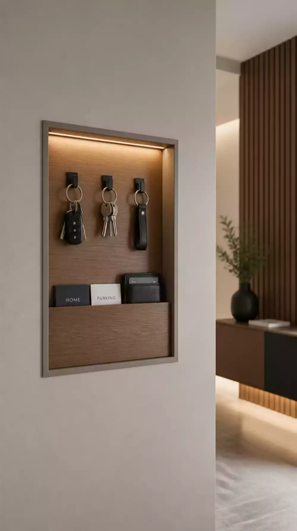 Entryway Recessed Wall Niche That Keeps Keys and Cards Completely Flush